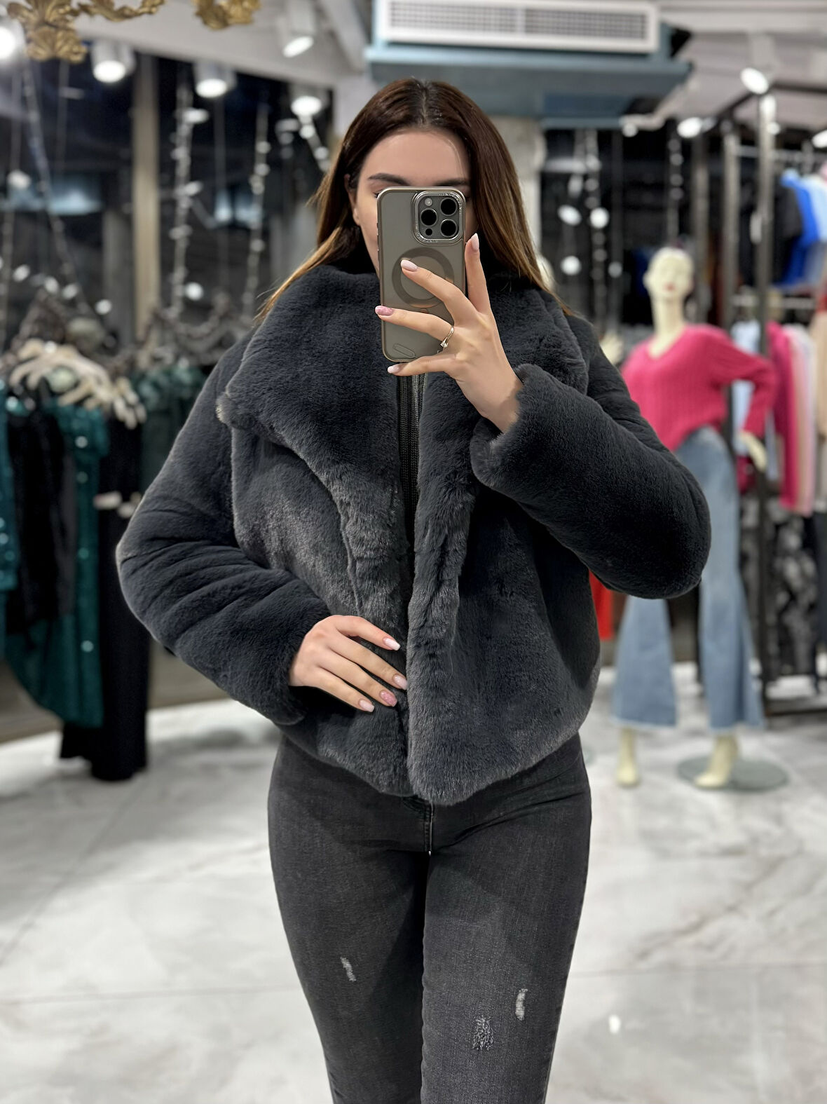 Marah Şal Yaka Kürk Kısa Kaban-Füme