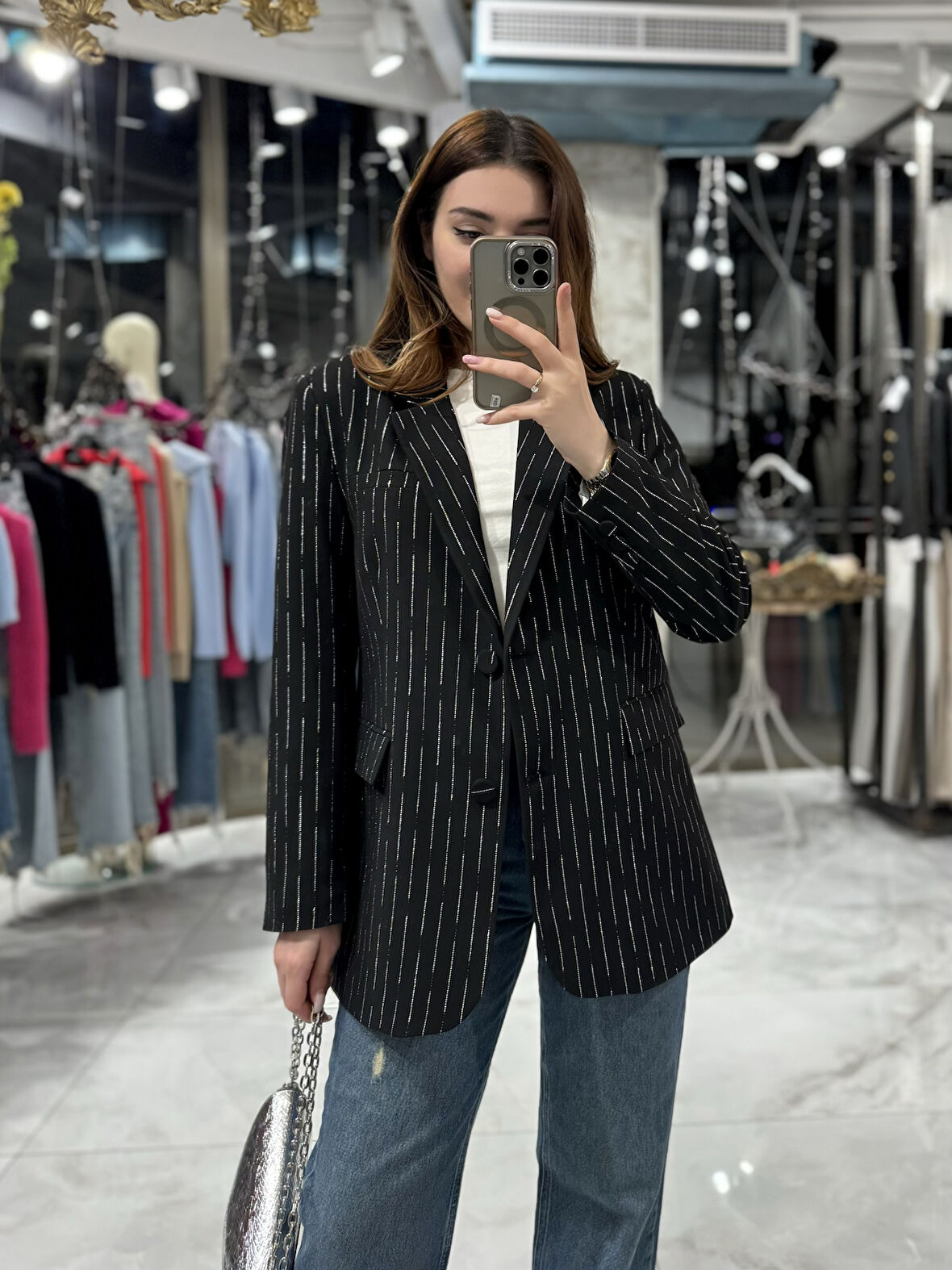 Libby Simli Çizgi Deteylı Blazer Ceket-Siyah