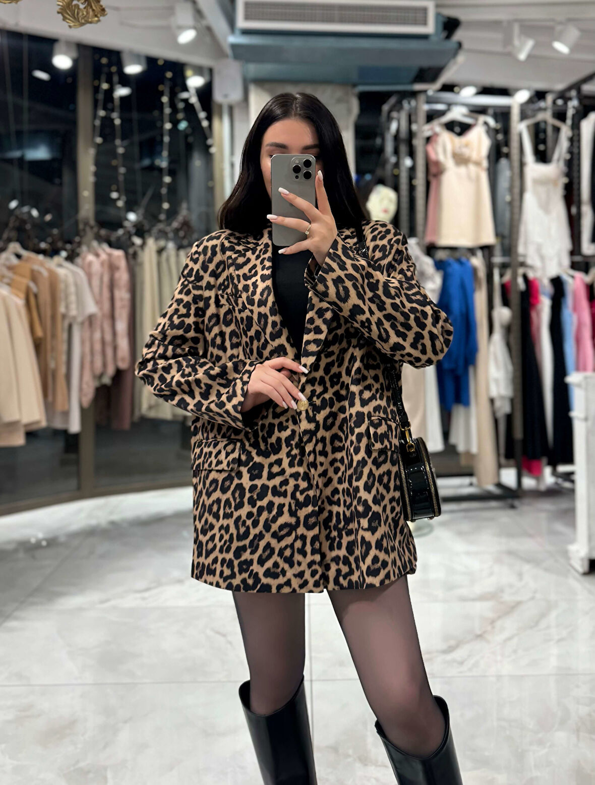 Morni Leopar Desenli Oversize Boyfriend Kesim Blazer