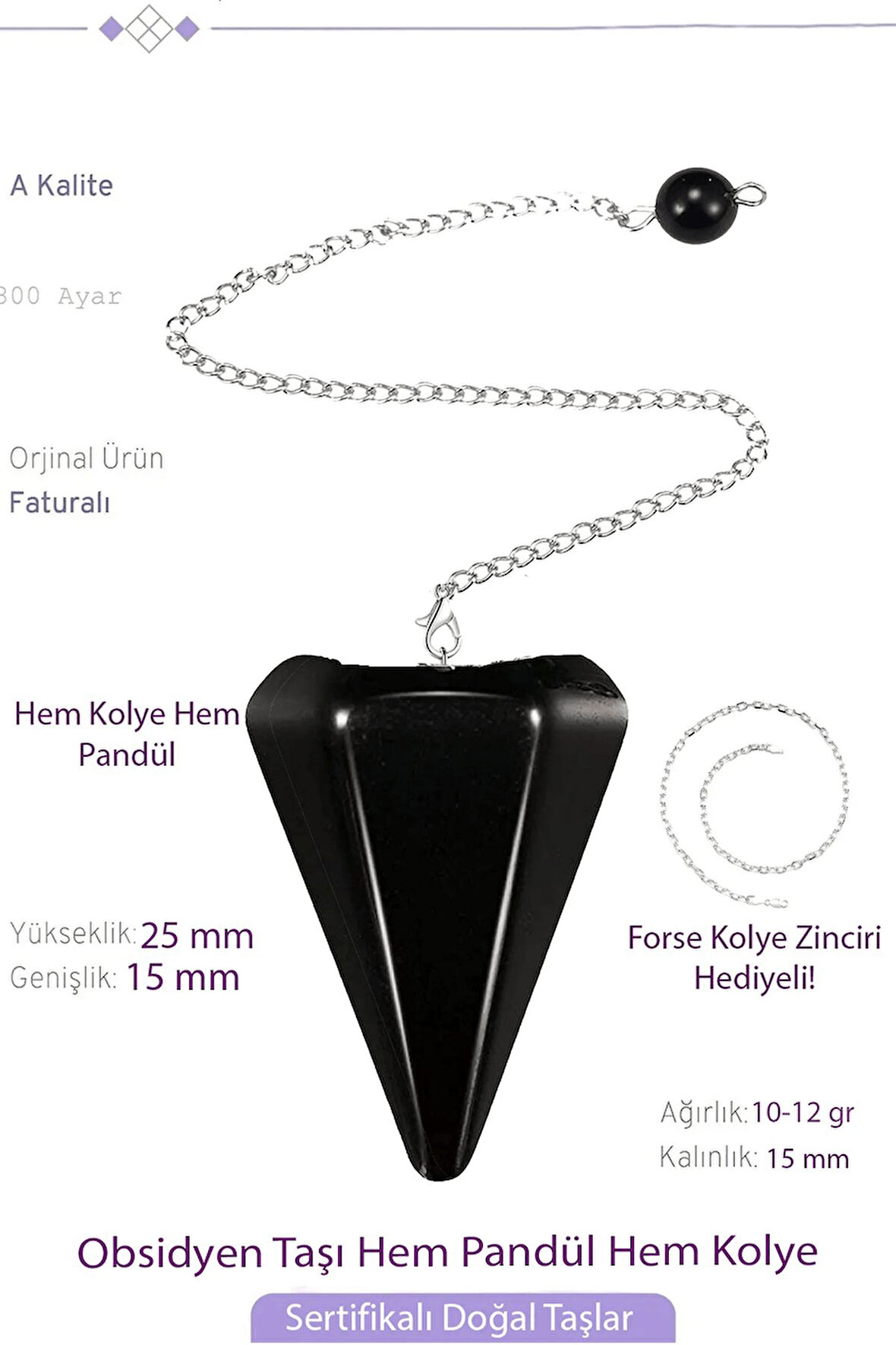 Sertifikalı Obsidyen Taşı Pandül Sarkaç Hem Pandül - Hem Kolye