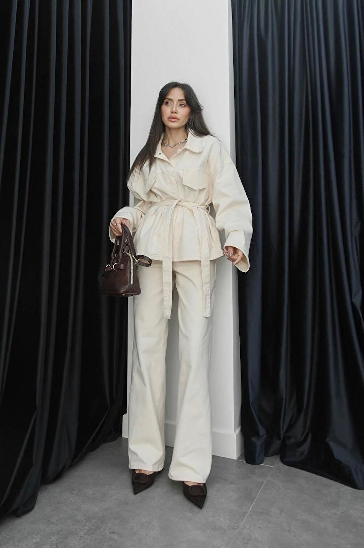 Kadın Denim Ekru Cep Detaylı Ceket Pantolon Takım