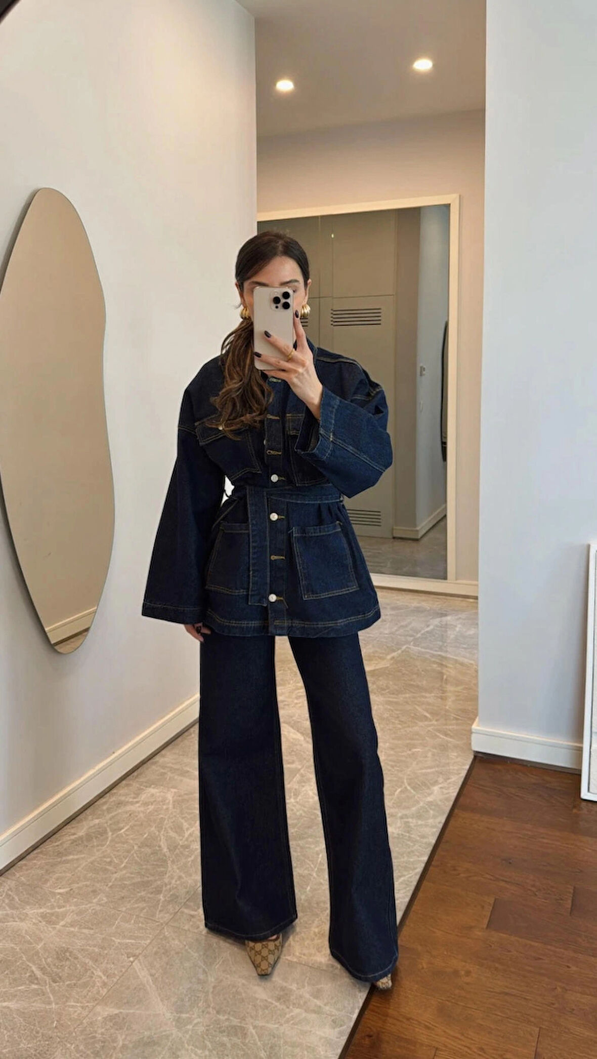 Kadın Denim Lacivert Cep Detaylı Ceket Pantolon Takım