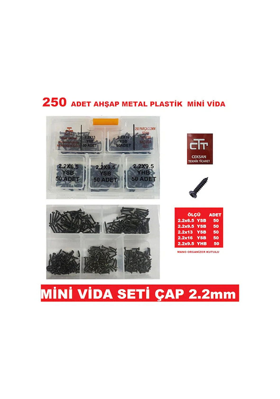 Vida Seti 2.2 MM Pcb- Ahşap- Plastik Sac Vidası Siyah 250 Parça