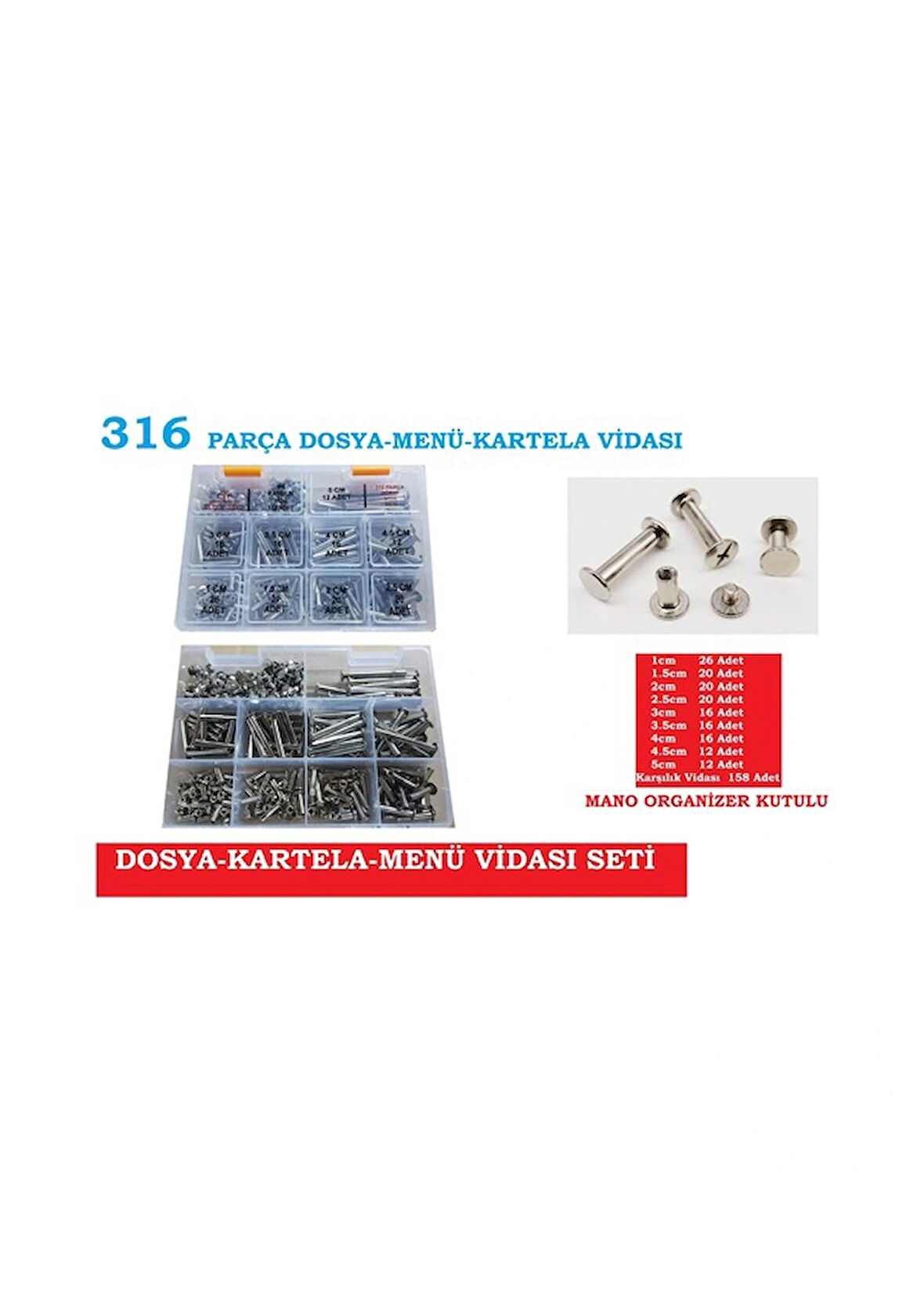 Dosya Vidası Seti Kartela-Menü Vidası 316 Parça Farklı Boylarda