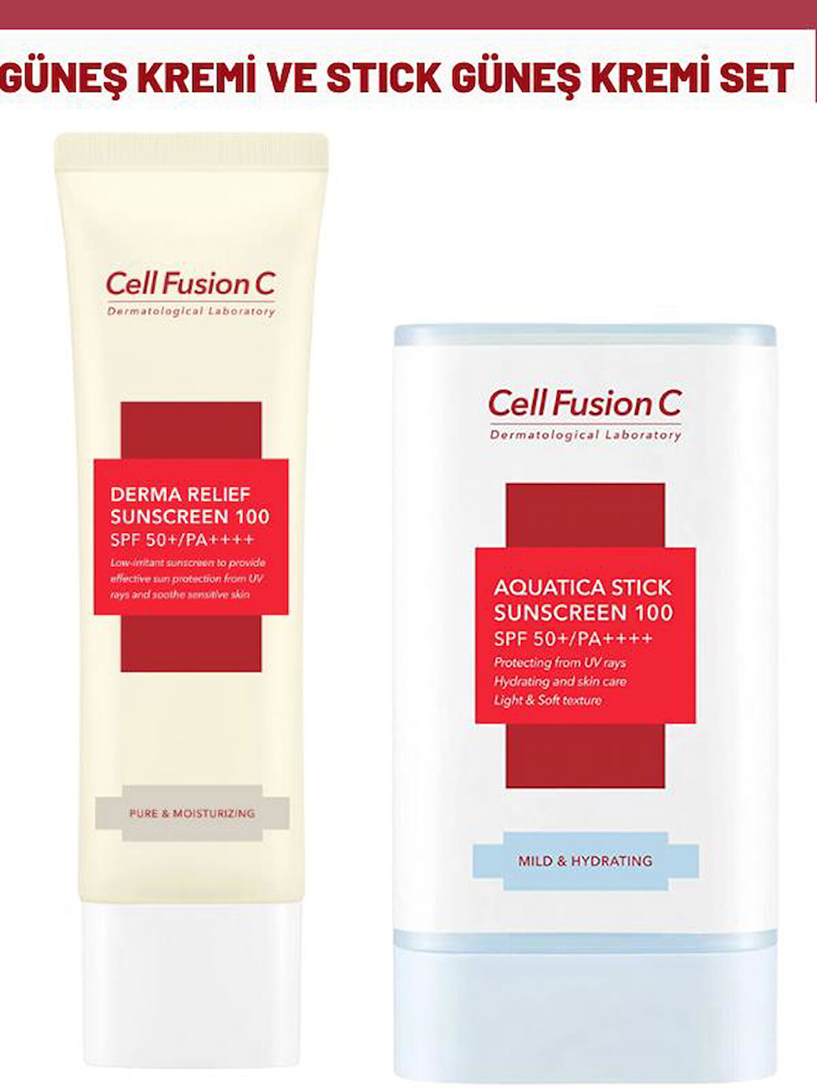 Cell Fusion C Derma Relief 100 Spf 50 /pa Çocuklar Ve Yetişkinler Için Güneş Kremi ve Aquatıca Stick Güneş Kremi 19 G