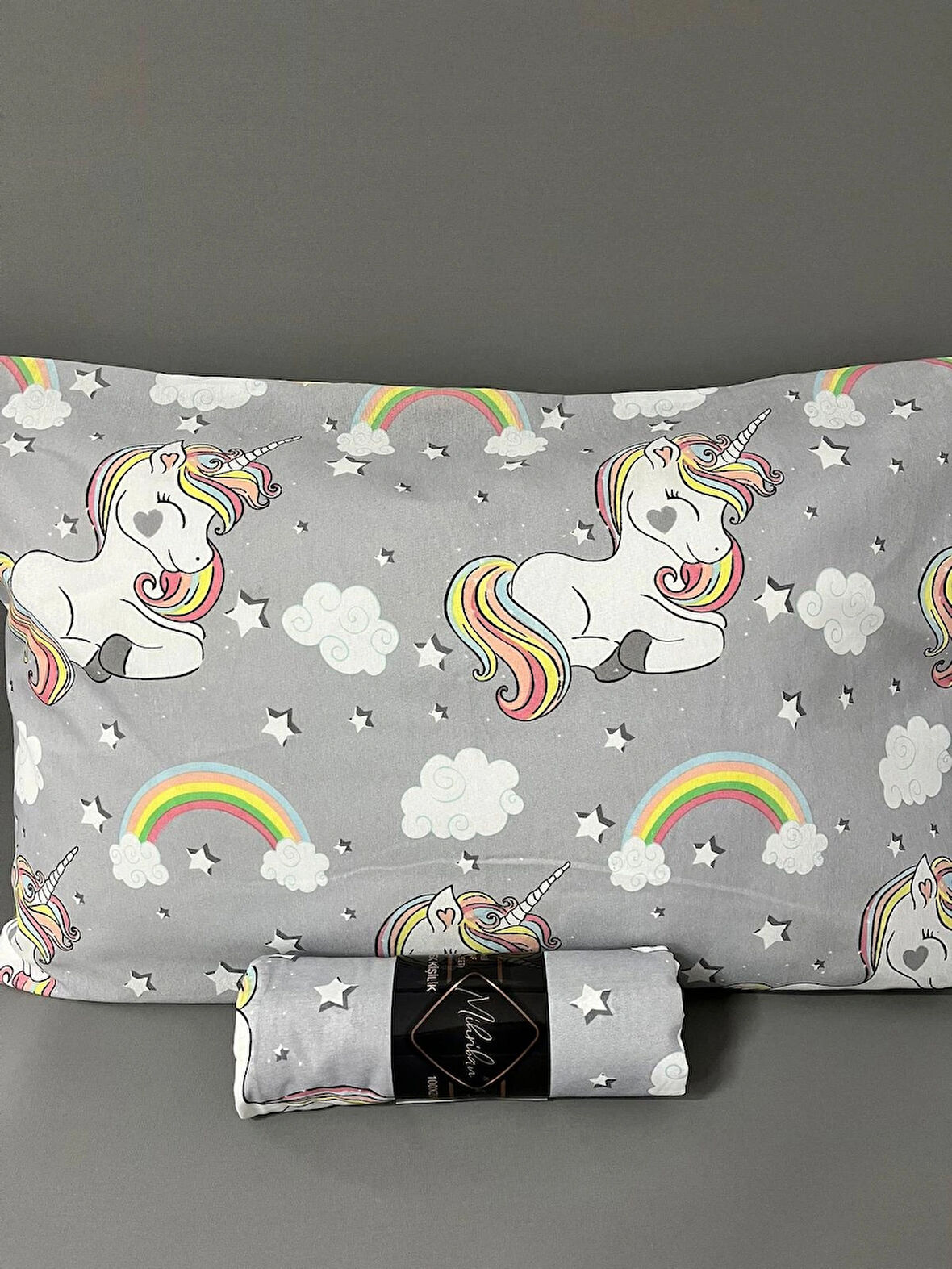 Tek Kişilik Unicorn Desen Lastikli Çarşaf Seti Gri 100x200 Cm