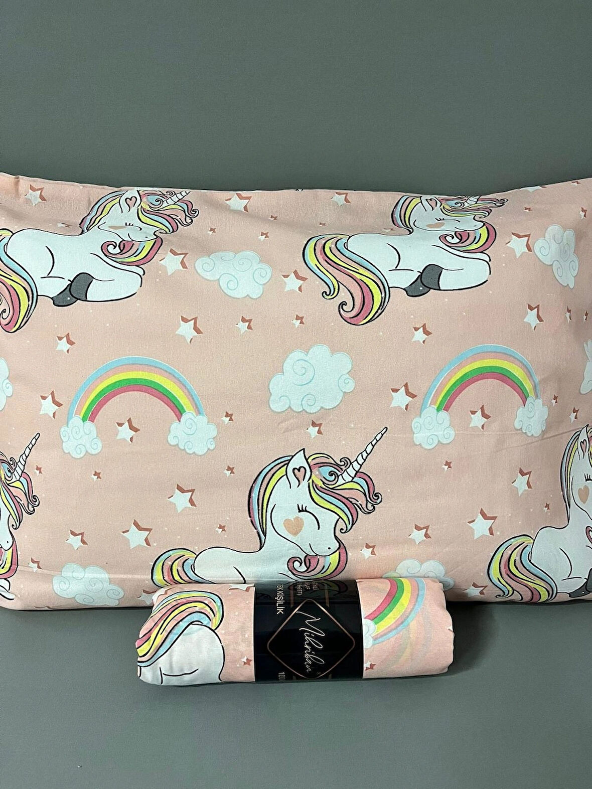 Tek Kişilik Unicorn Desen Lastikli Çarşaf Seti Somon 100x200 Cm