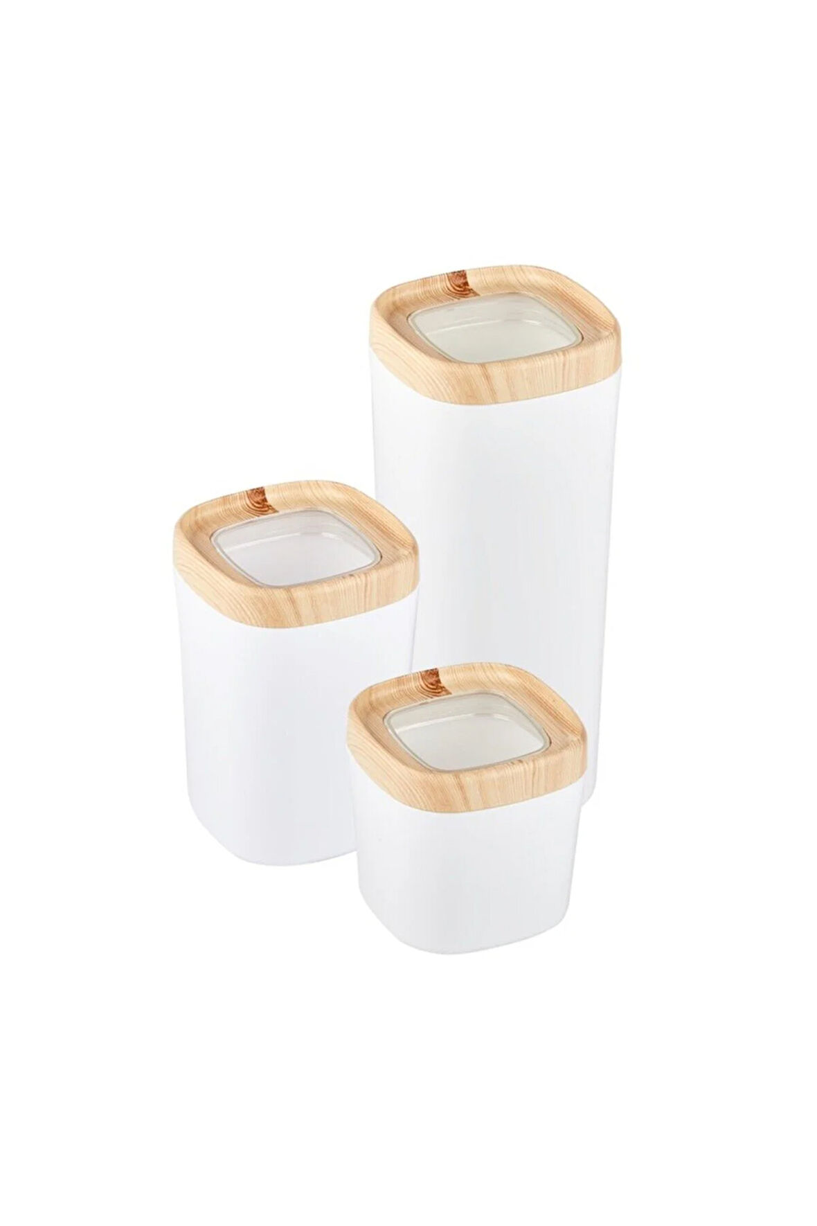 Ceronni Bonny Erzak Saklama Kabı 3Lü Set Ahşap Kaplama Kapak Renkli Hazne 1,8Lt - 1Lt - 600Ml Açık Ahşap