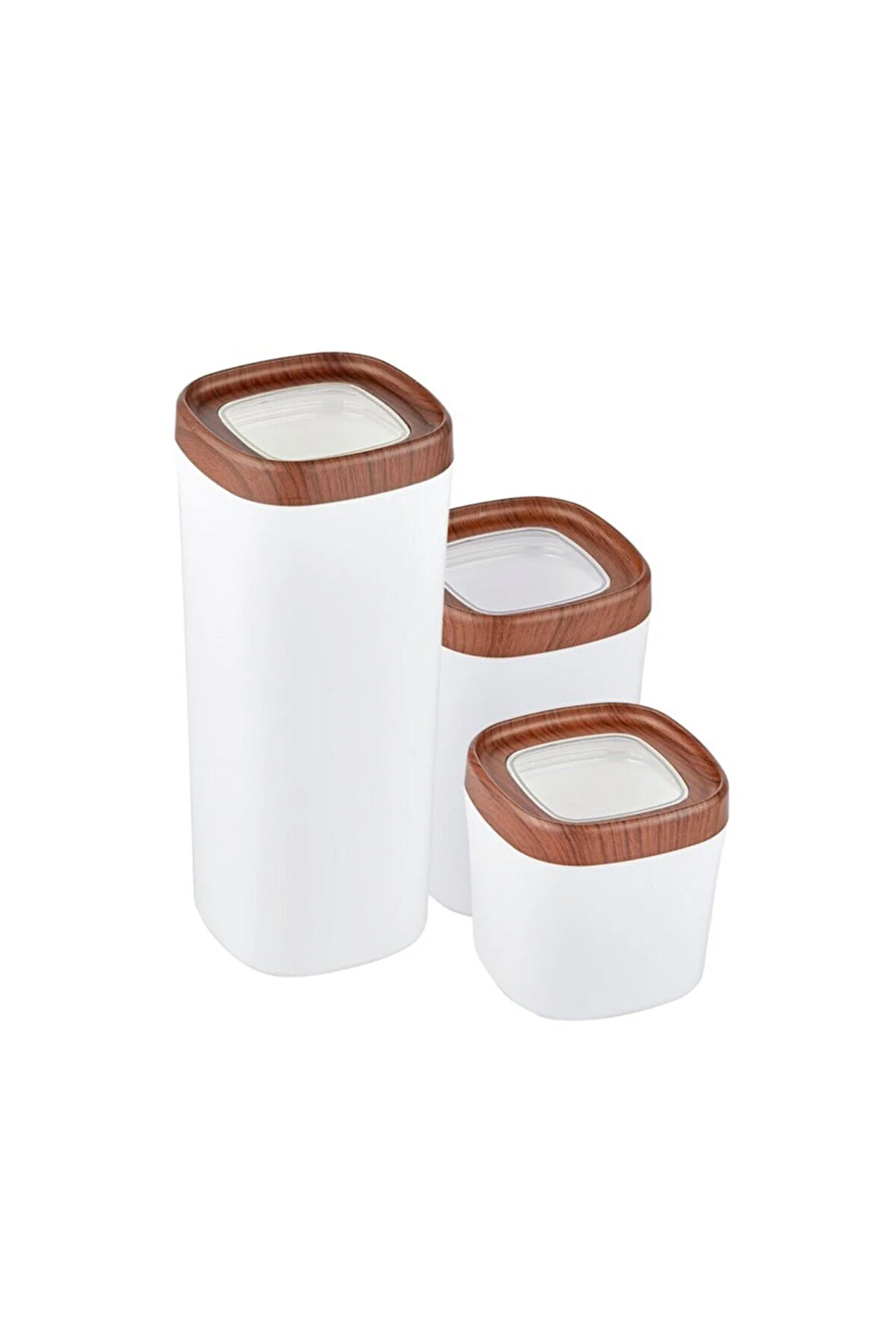 Ceronni Bonny Erzak Saklama Kabı 3Lü Set Ahşap Kaplama Kapak Renkli Hazne 1,8Lt - 1Lt - 600Ml Koyu Ahşap