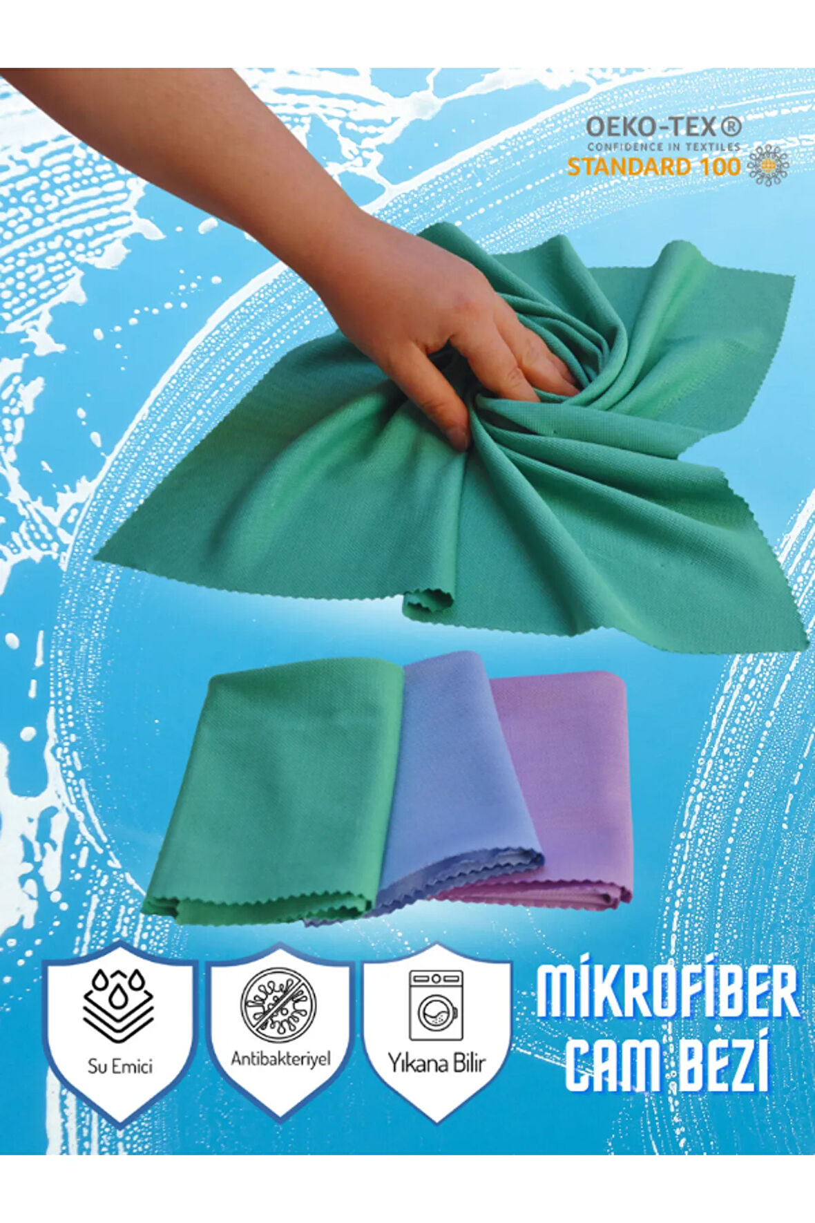 Mikrofiber 3'lü Su Emici İz Bırakmayan Antibakteriyel Cam Temizlik Bezi Seti 40x60