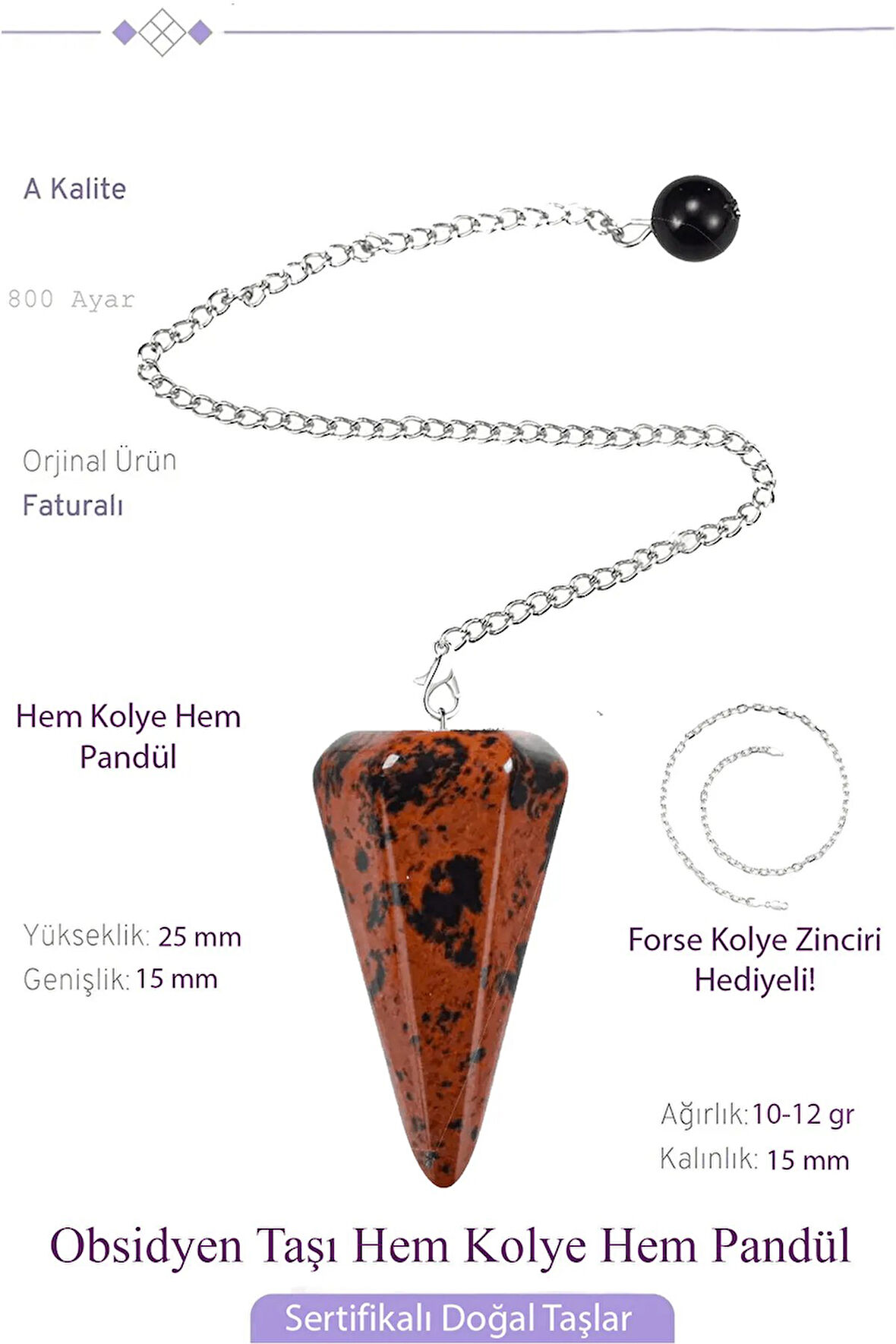 Sertifikalı Kahverengi Obsidyen Taşı Pandül Sarkaç Hem Pandül - Hem Kolye