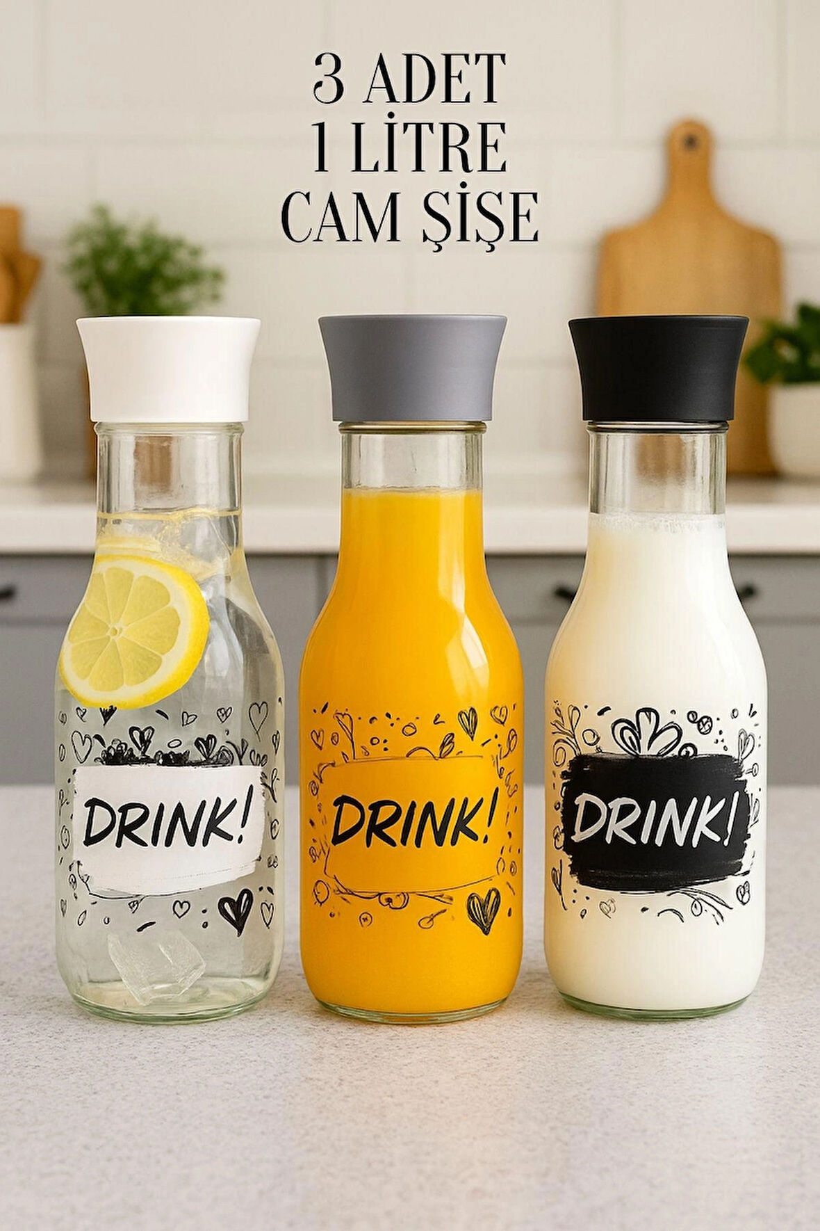 3 Adet Desenli Detoks Özellikli Cam Sürahi & Karaf Su Meşrubat Şişesi