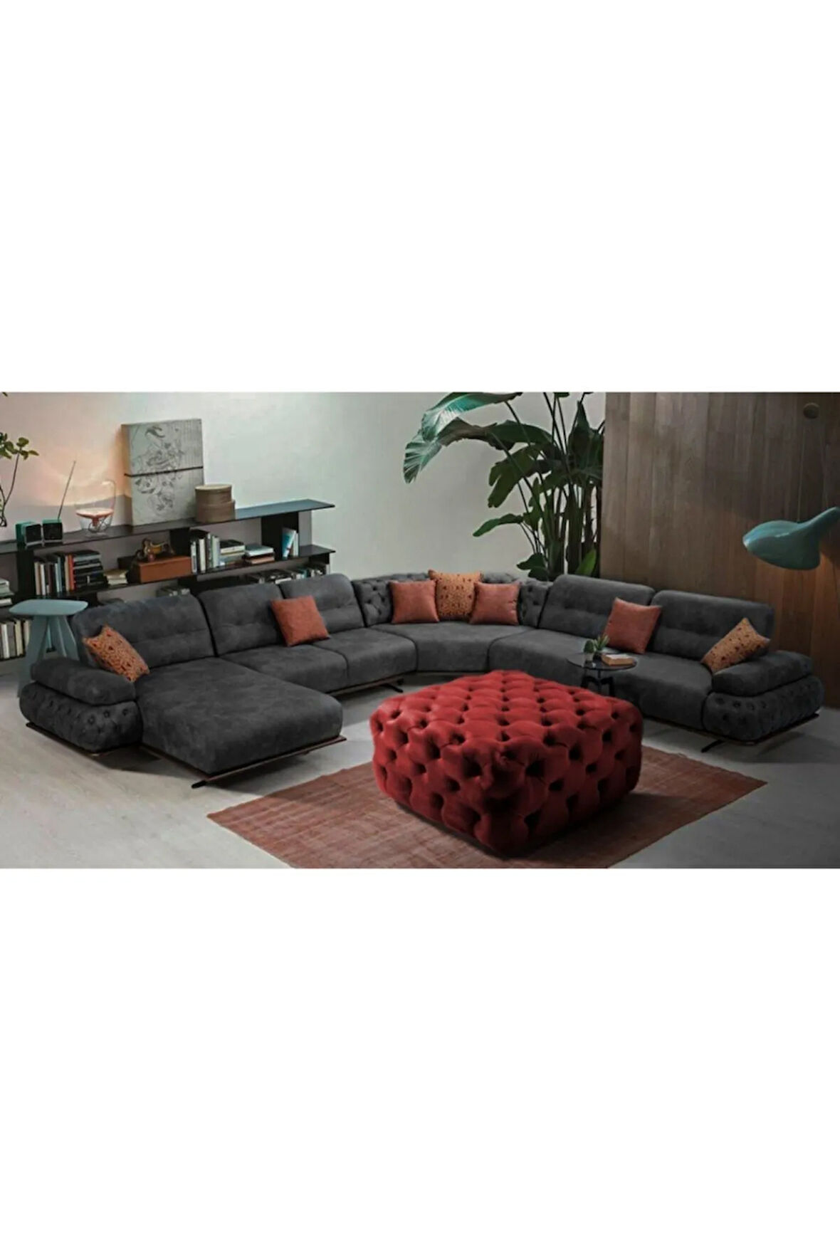 Bordo Kare Chester Model Kapitoneli Orta Puf