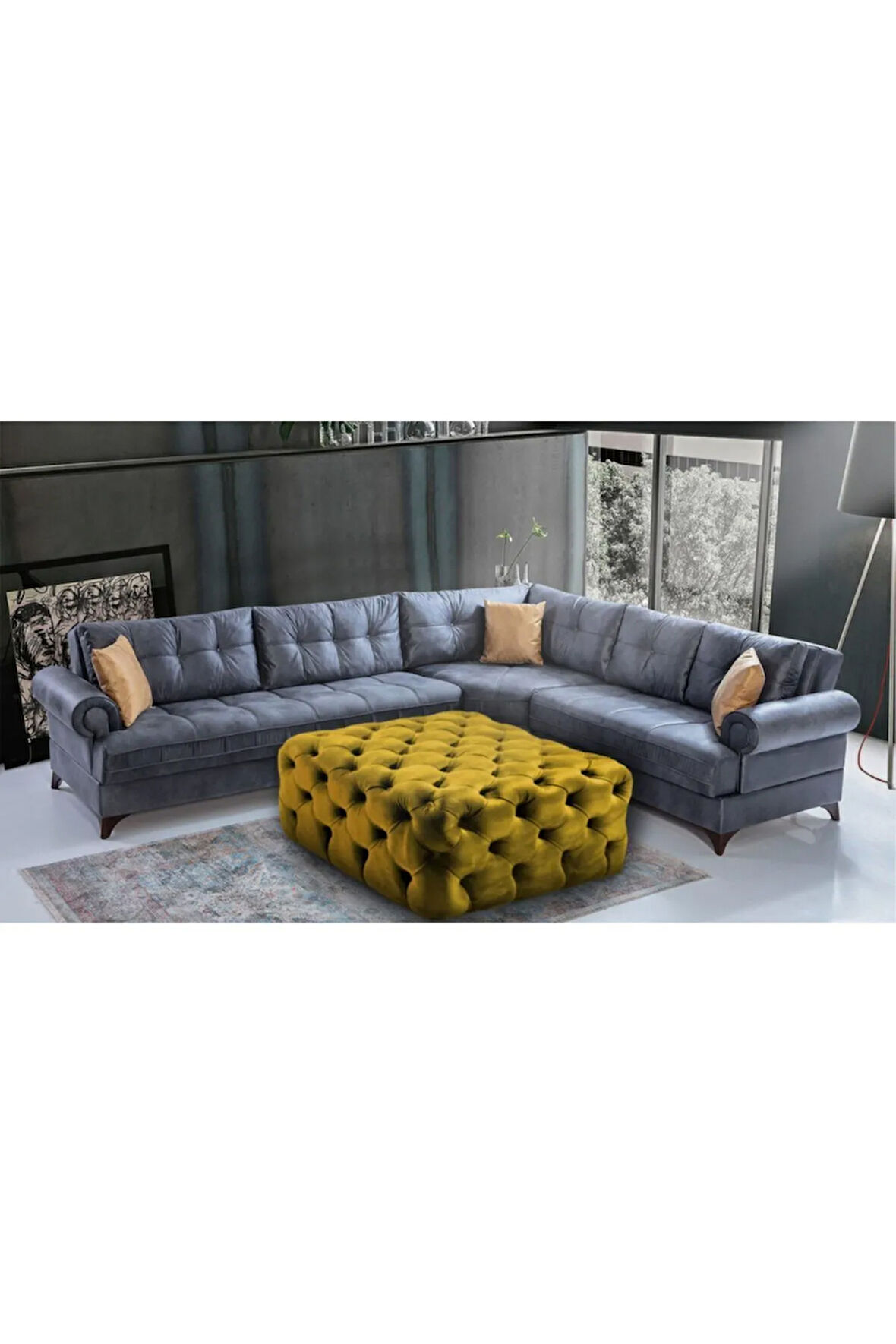 Hardal Kare Chester Model Kapitoneli Orta Puf