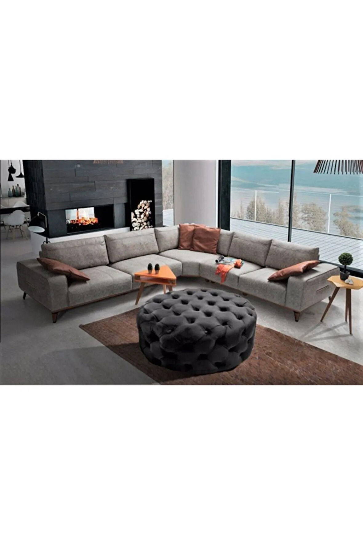 Antrasit Yuvarlak Chester Model Kapitoneli Orta Puf