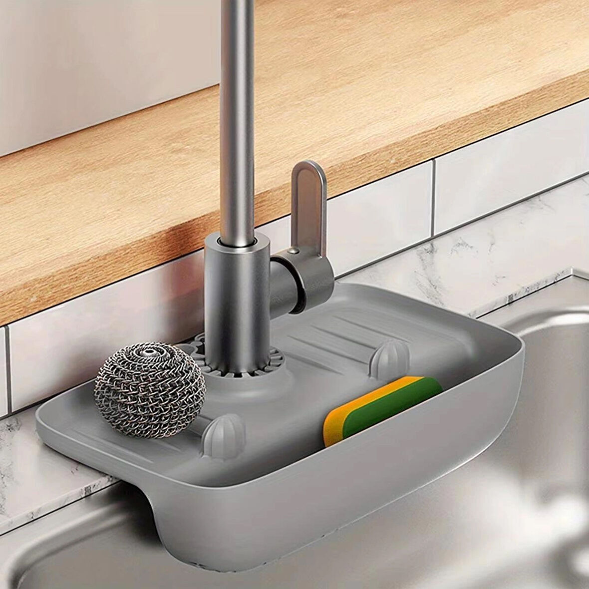 Gri Hazneli Elastik Musluk Matı Su Tutucu Düzenleyici Kaydırmaz Taban Organizer Mutfak Banyo 