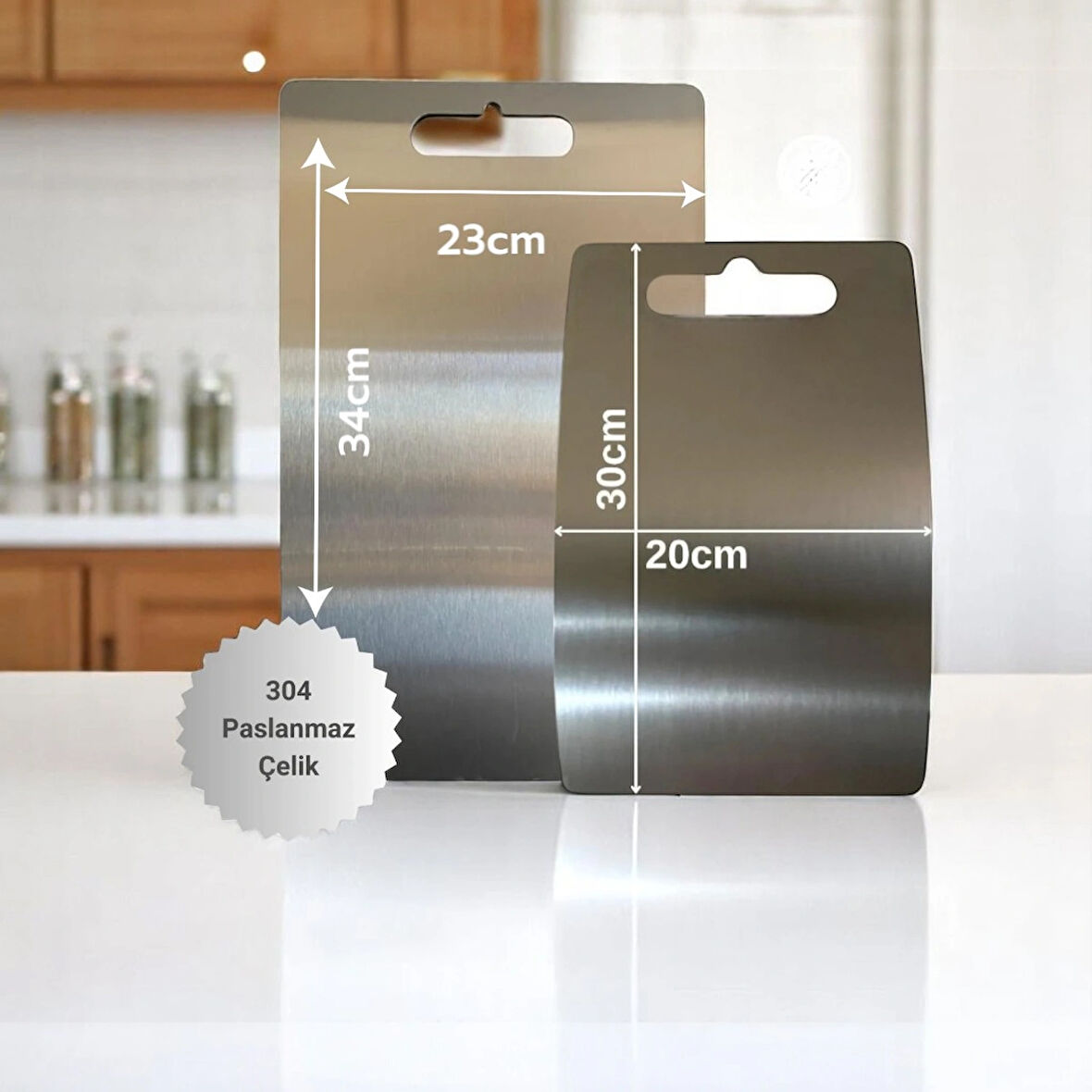 2'li 304 Paslanmaz Çelik Kesme Tahtası Seti – Hijyenik, Dayanıklı ve Modern Tasarım (20X30 cm & 23X34 Cm)