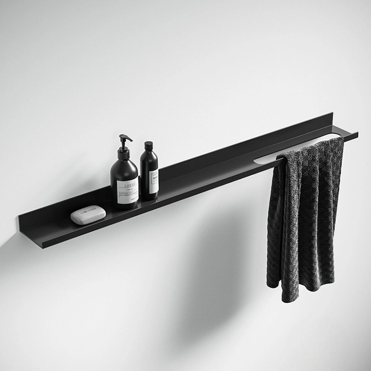 Metal Duvar Rafı Mat Siyah 60 cm | 1.5 mm Dkp Çelik, Havlu Askılı, Elekt­rostatik Toz Boyalı, Banyo-Mutfak Organizer