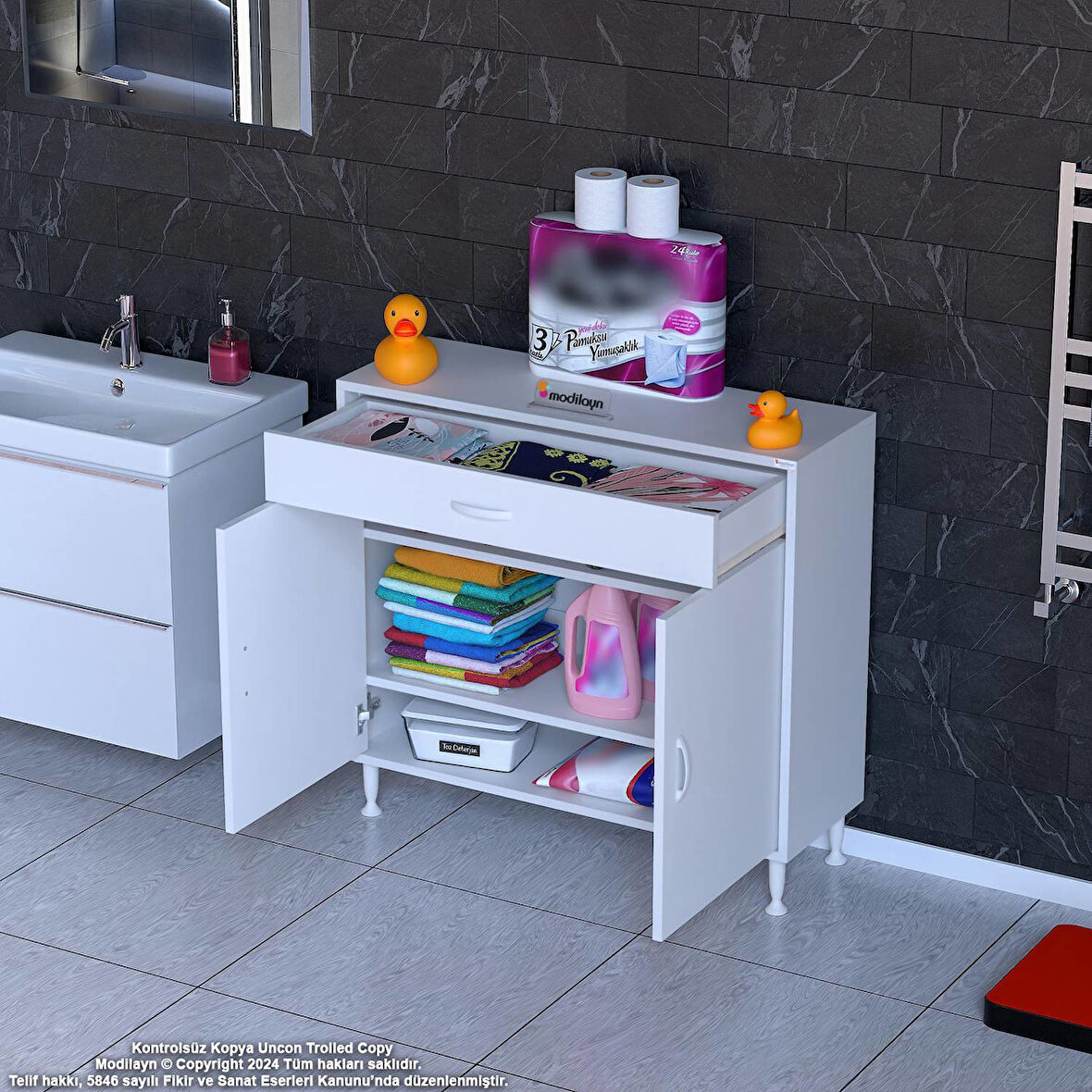 Mira Banyo ve Mutfak Dolabı Çok Amaçlı Dolap Tek Çekmece 2 Kapak 2 Raf 3 Bölme 100x88x32,5 cm