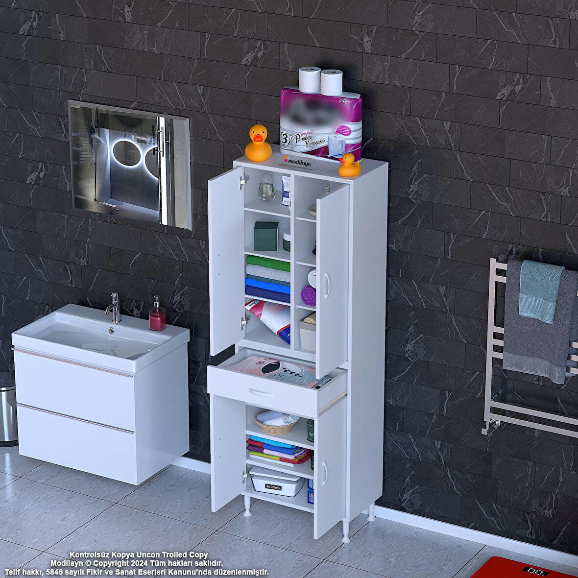 Sare Banyo ve Mutfak Dolabı Çok Amaçlı Dolap  Tek Çekmece 4 Kapak 7 Raf 10 Bölme 55x173x32,5 cm