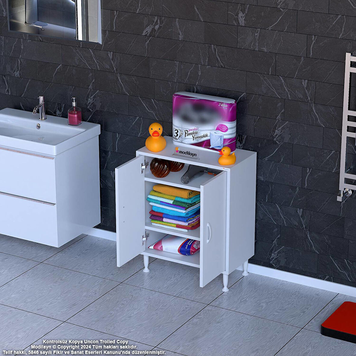 Efil Dolap Dar Alanlar İçin Çok Amaçlı Dolap Çift Kapaklı 3 Göz Raf Dolap 60x75x32,5 cm