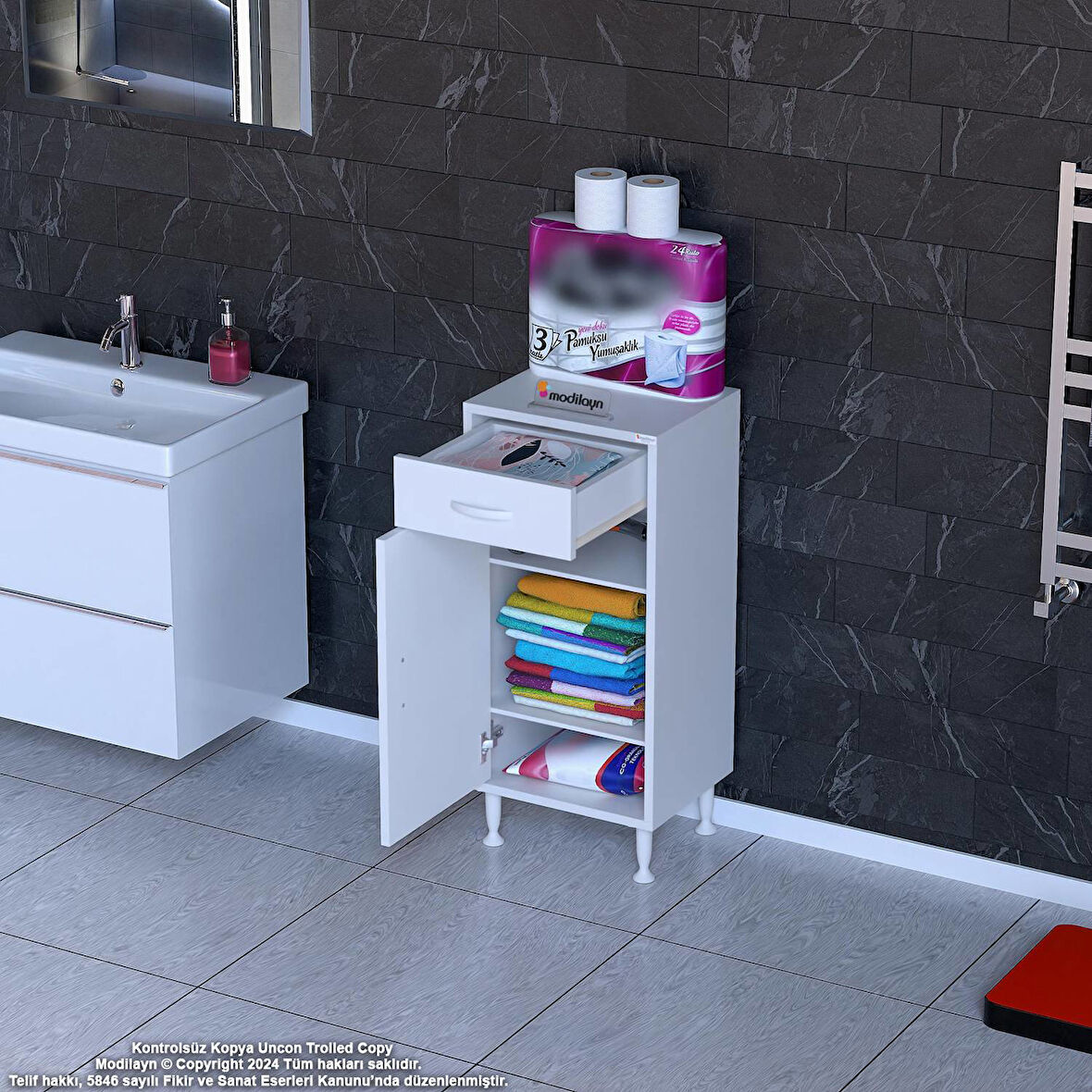 Mira  Banyo ve Mutfak Dolabı  Çok Amaçlı Dolap 1 Çekmece Tek Kapak 2 Raf 3 Bölme 35x88x32,5 cm