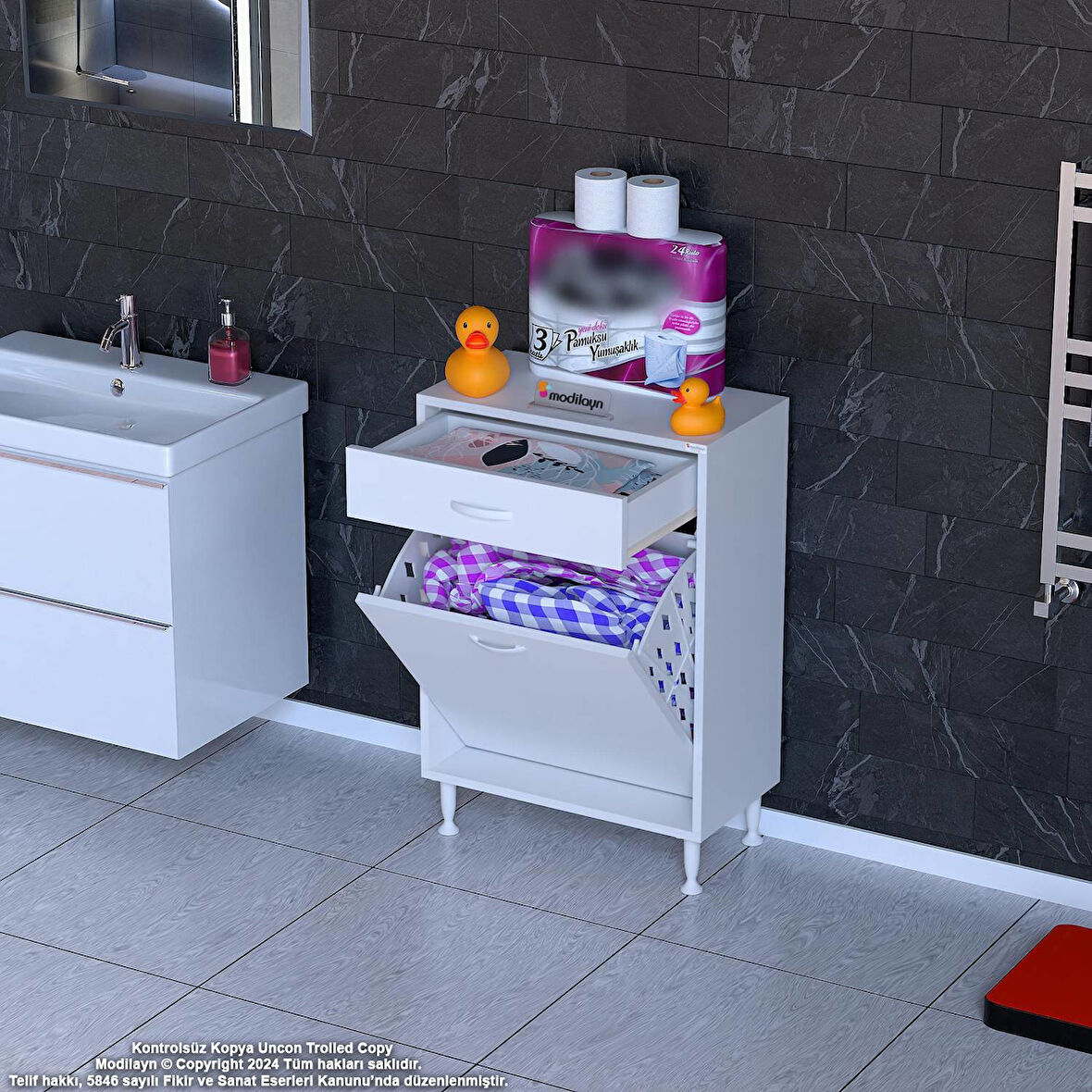 Mira Mutfak Ve Banyo Dolabı 55 cm Tek Göz Sepetli Çok Amaçlı Kirli Çamaşır Dolabı 55x88x32,5 cm