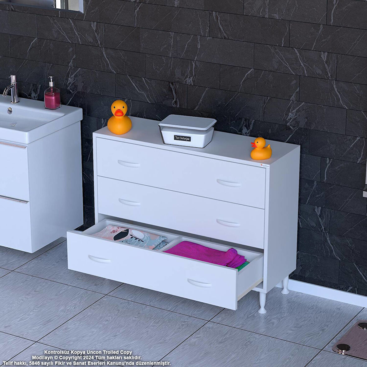 Efil Banyo ve Mutfak Dolabı Çok Amaçlı Dolap 3 Çekmeceli Banyo Organizeri Büyük Boy 90x75x32,5 cm