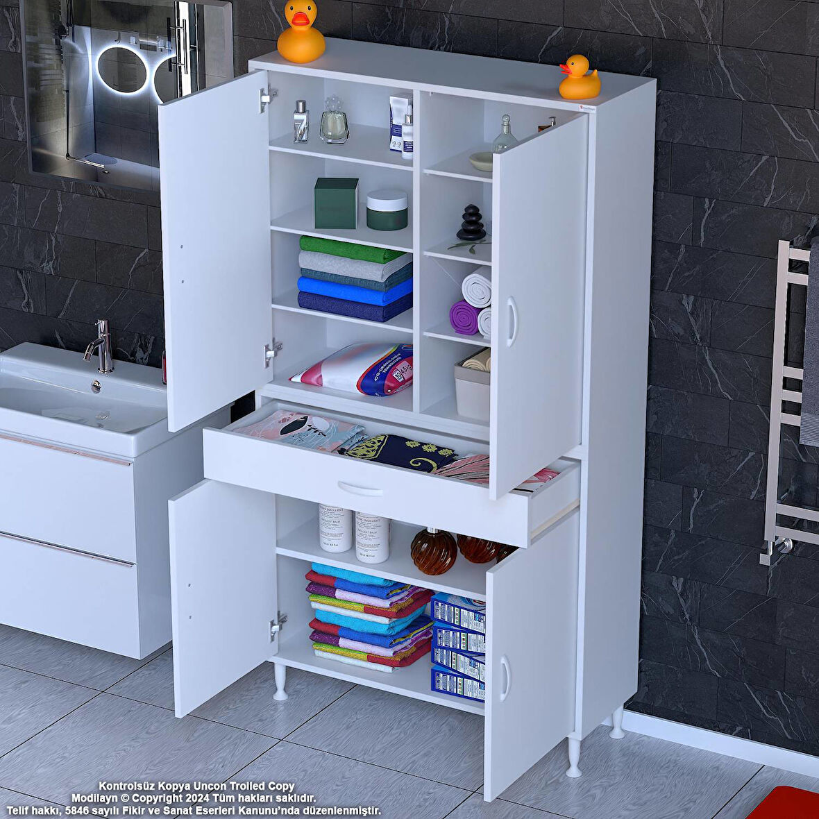 Sare Banyo ve Mutfak Dolabı Çok Amaçlı Dolap  Tek Çekmece 4 Kapak 7 Raf 10 Bölme 90x173x32,5 cm