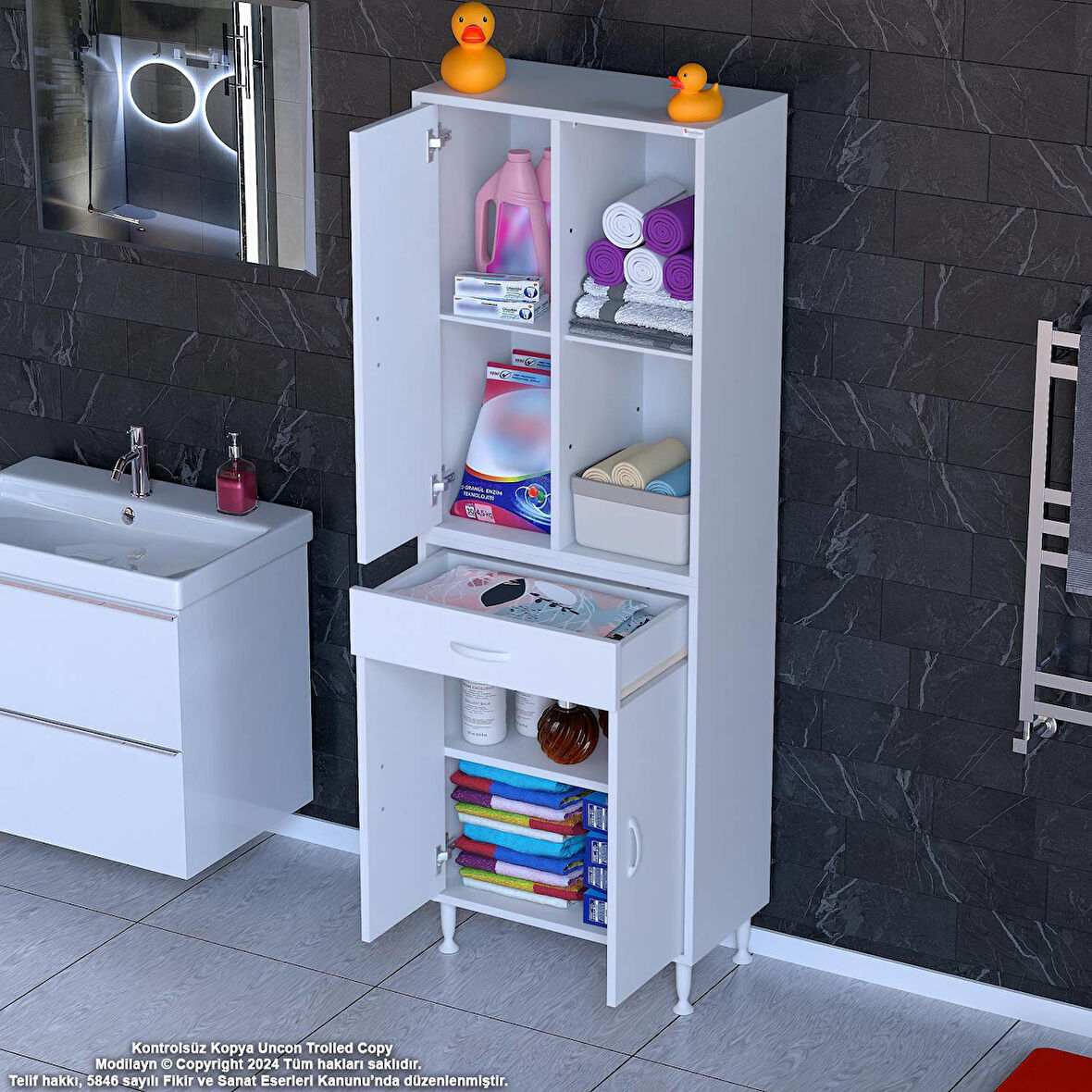 Kayra Banyo ve Mutfak Dolabı Çok Amaçlı Dolap Tek Çekmece 3 Kapak 3 Raf 6 Bölme 60x173x32,5 cm