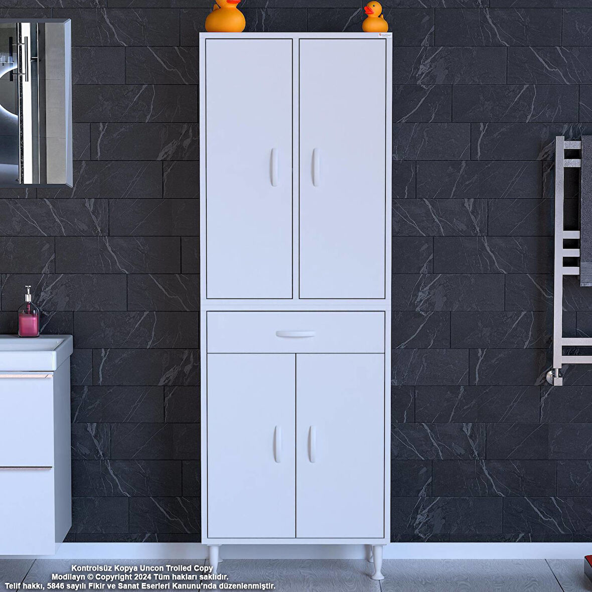 Sare Banyo ve Mutfak Dolabı Çok Amaçlı Dolap  Tek Çekmece 4 Kapak 3 Raf 6 Bölme 55x173x32,5 cm