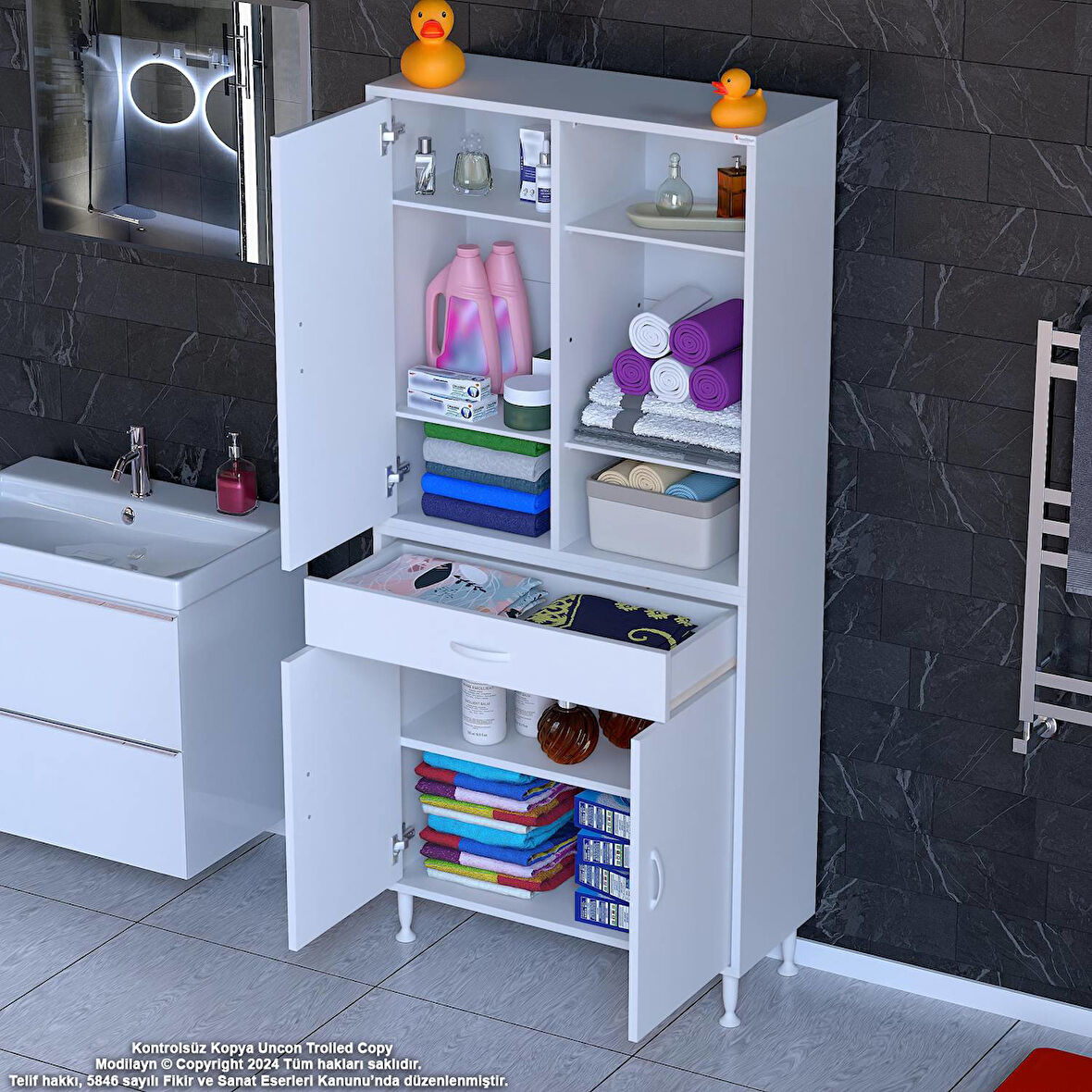 Kayra Banyo ve Mutfak Dolabı Çok Amaçlı Dolap Tek Çekmeceli 3 Kapaklı 5 Raf 8 Bölme 80x173x32,5 cm