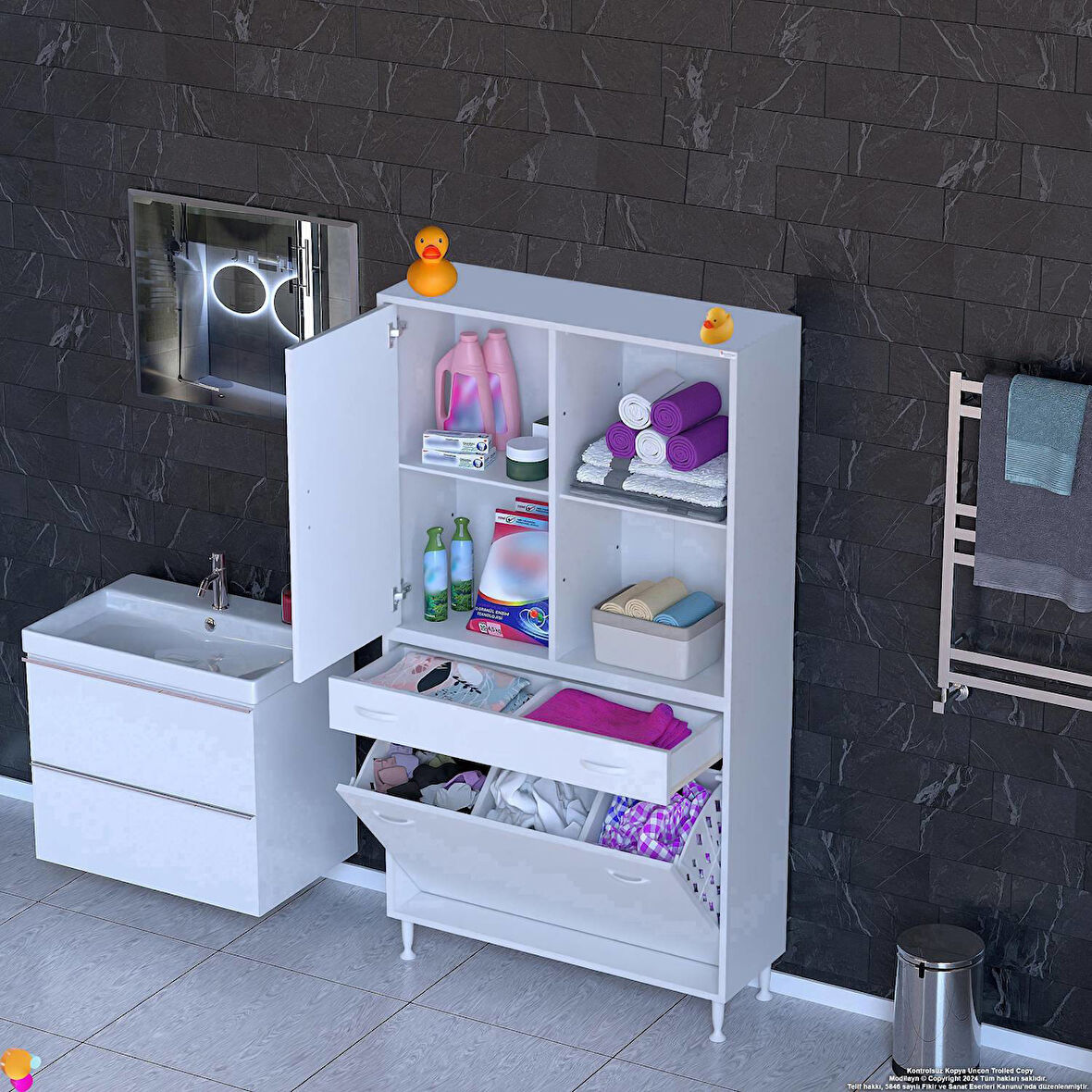 Kayra Tek Çekmece, 3 Göz Sepet, 1 Kapak, 4 Raf Dar Alan Banyo Dolabı 95x173x32,5 cm