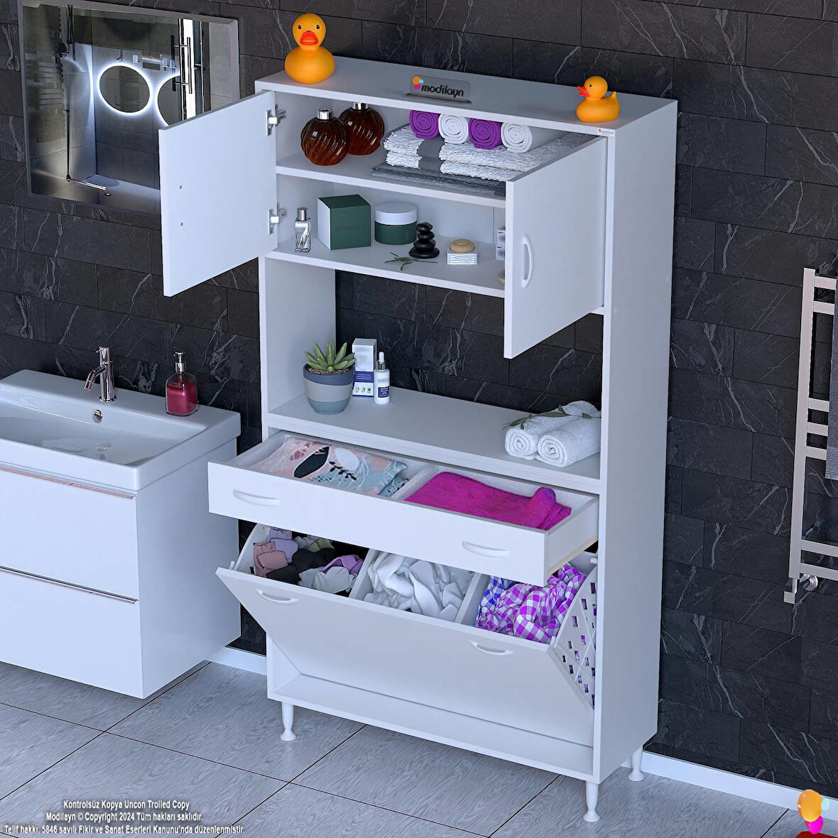 Azra Tek Çekmece 3 Göz Sepetli ve 3 Raf Banyo Ve Mutfak Dolabı Çok Amaçlı Dolap 95x173x32,5 cm