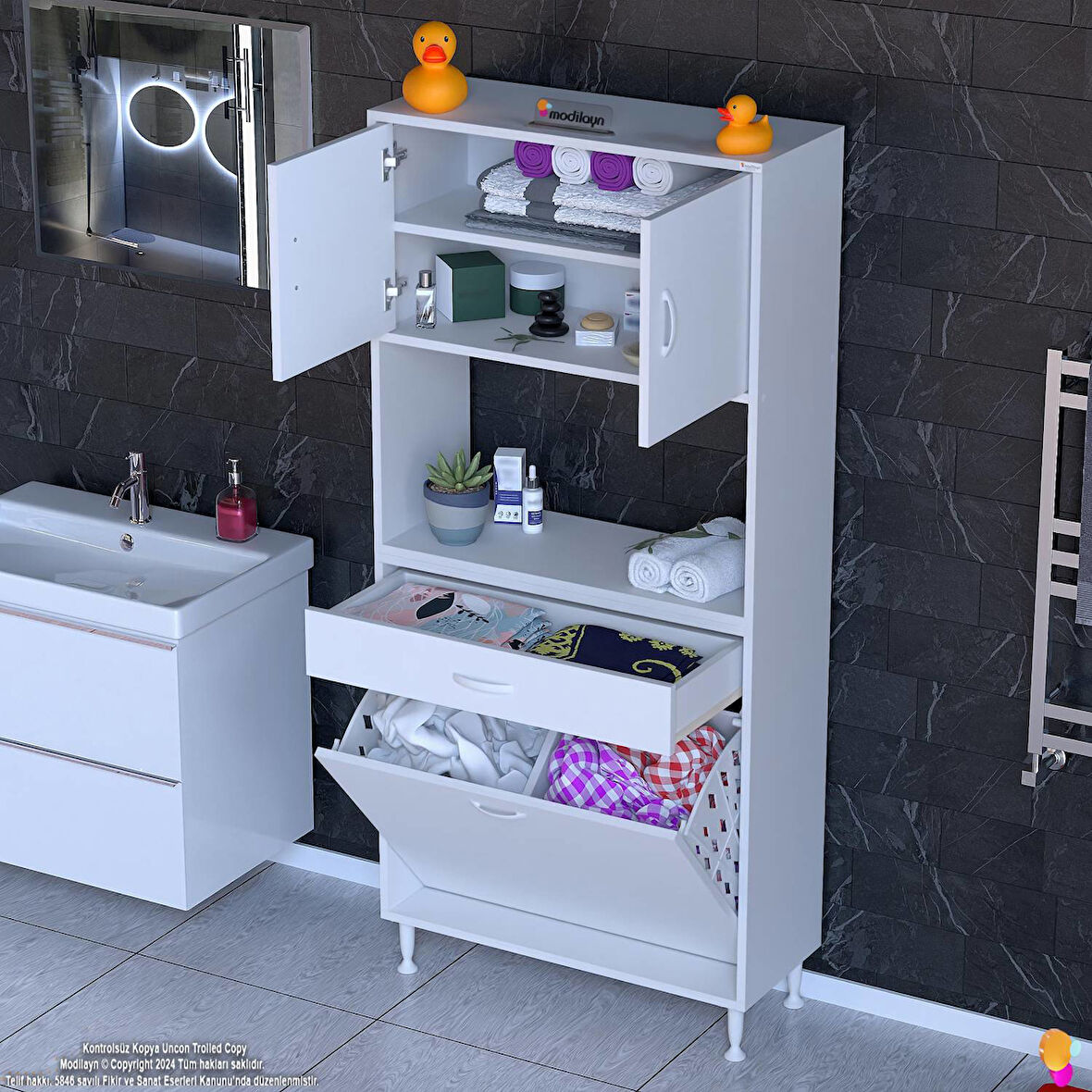 Azra Tek Çekmece 2 Göz Sepetli ve 3 Raf Banyo Ve Mutfak Dolabı Çok Amaçlı Dolap 85x173x32,5 cm