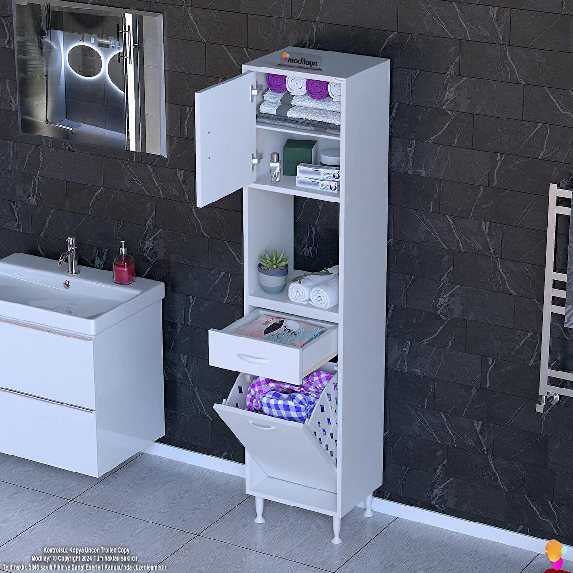 Azra Tek Çekmece 1 Göz Sepetli ve 3 Raf Banyo Ve Mutfak Dolabı Çok Amaçlı Dolap 50x173x32,5 cm