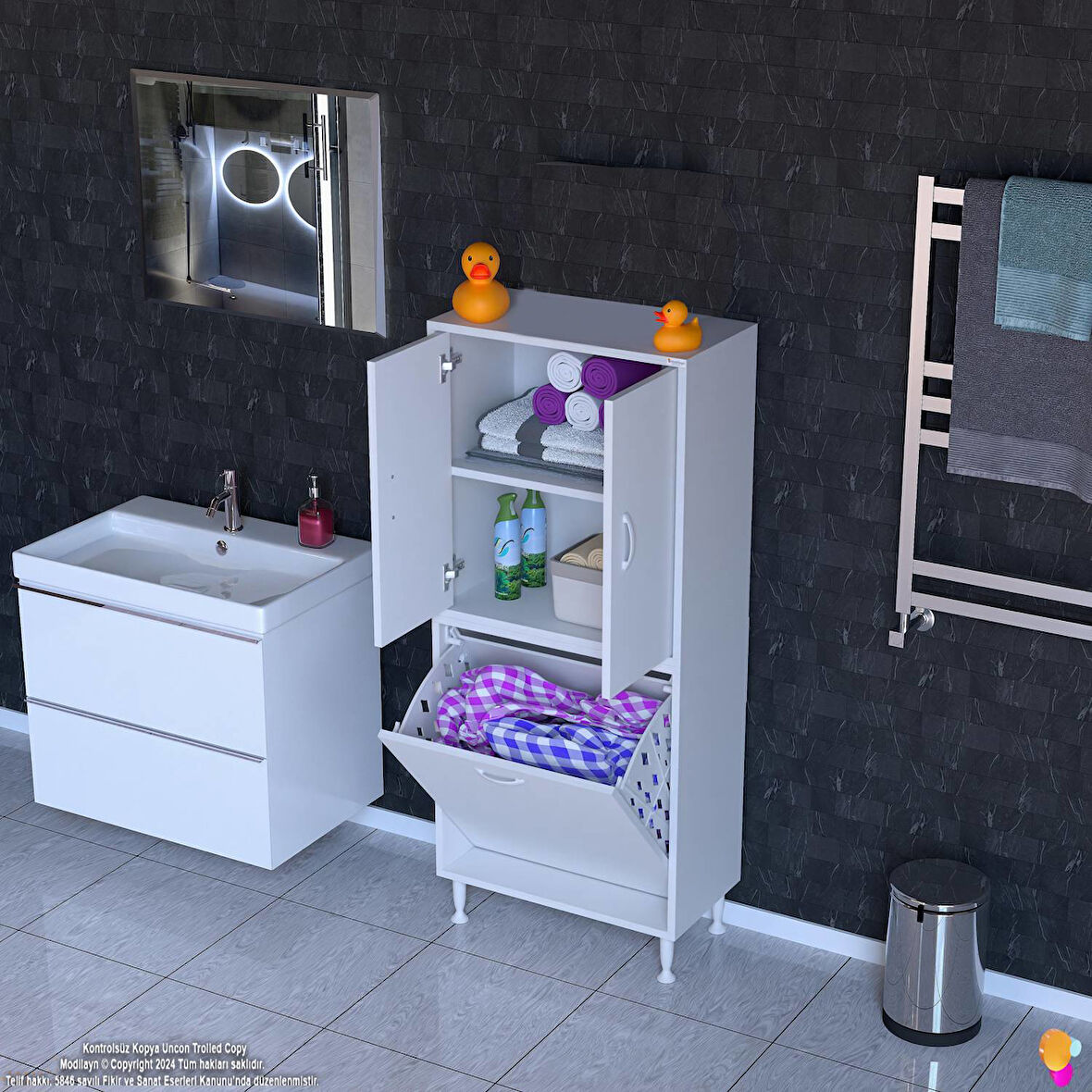 Esil Çok Amaçlı Dolap Kapak İçi Çift Raflı, Bir Akıllı Çamaşır Sepetli Dolap 65x138x32,5 cm