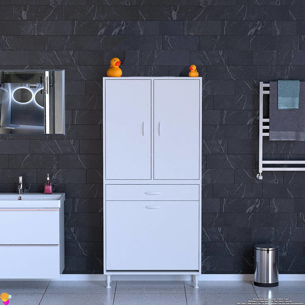 YENİ AFRA 80x173x32,5 cm' lik 1 Çekmece, 2 Göz Sepet, 2 Kapak, 8 Raf Dar Alan Banyo Dolabı