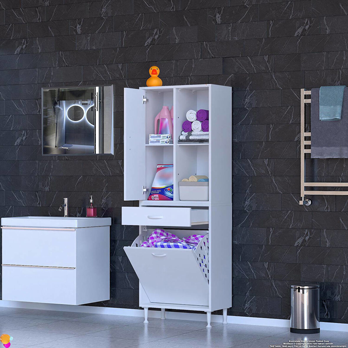 Kayra 1 Çekmece, 1 Göz Sepet, Tek Kapak, 4 Raf Dar Alan Banyo Dolabı 60x173x32,5 cm