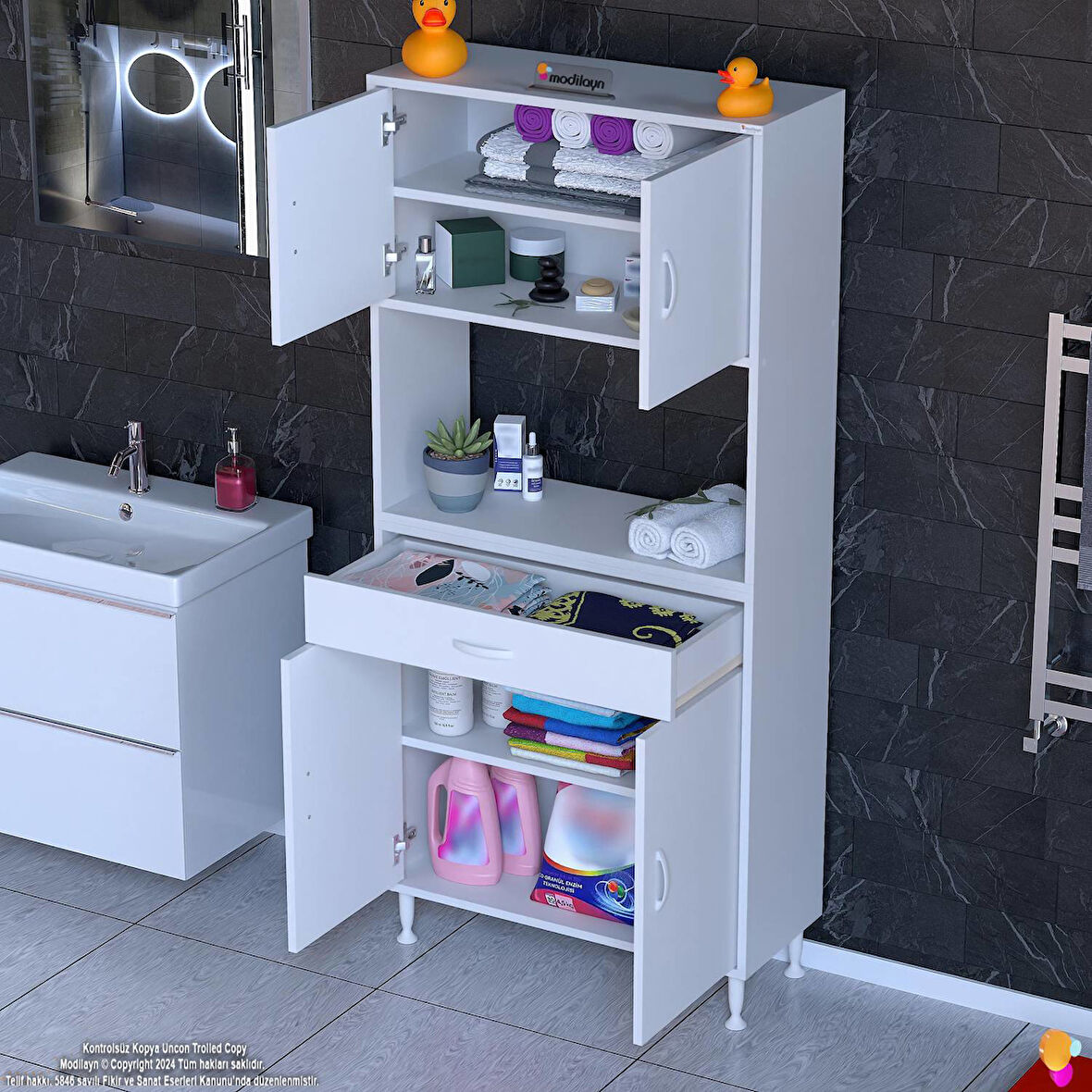 Azra Mutfak Ve Banyo Dolabı Tek Çekmece 4 kapak ve 5 raflı Çok Amaçlı Dolap 70x173x32,5 cm