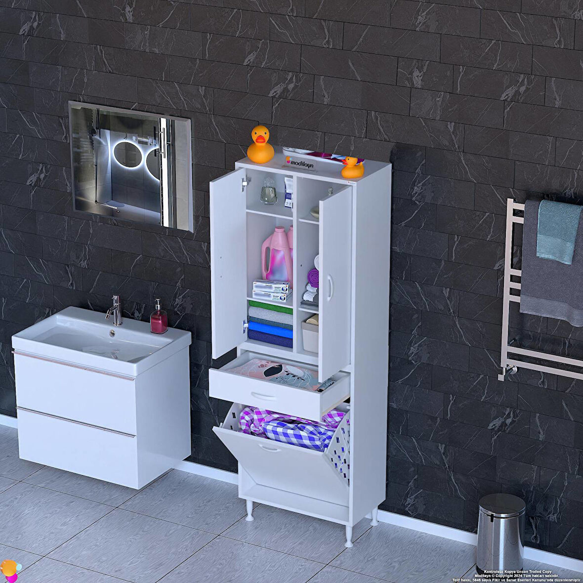 YENİ Kayra Tek Çekmece, 1 Göz Sepet, 2 Kapak, 6 Raf Dar Alan Banyo Dolabı 60x173x32,5 cm