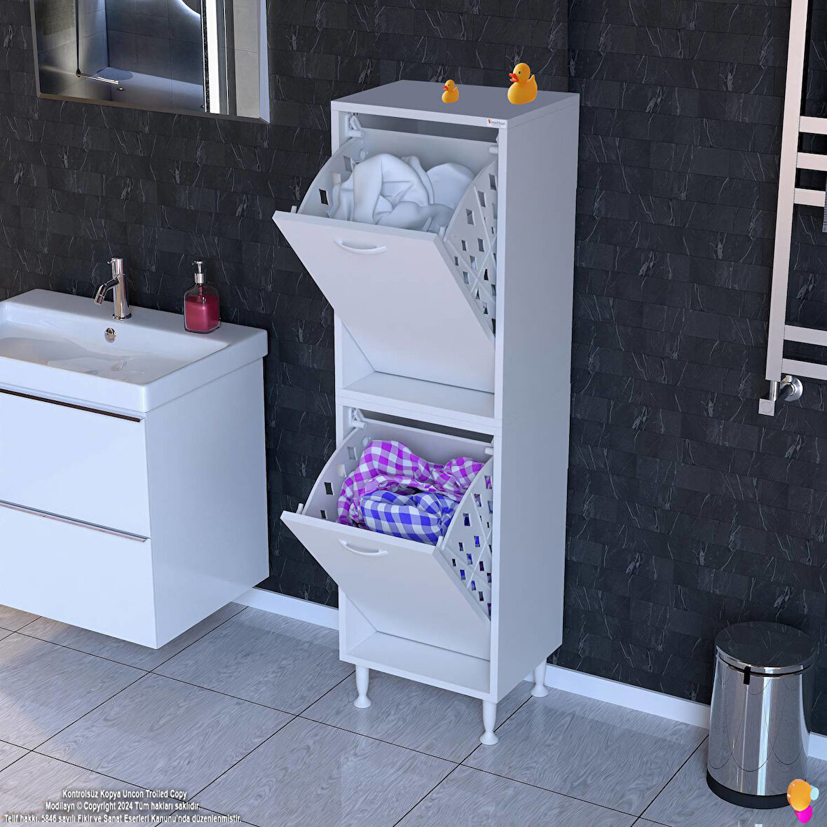 Esil Banyo Kirli Çamaşır Dolabı  Banyo Dolabı  35 cm 4 Bölme Saklayıcı  Sepetli Dolap 35x138x325 cm
