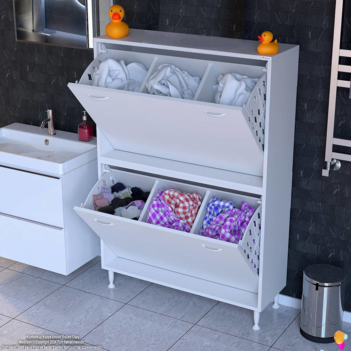 Esil Banyo Kirli Çamaşır Dolabı  Banyo Dolabı  95 cm 6 Bölme Saklayıcı Sepetli Dolap 95x138x325 cm