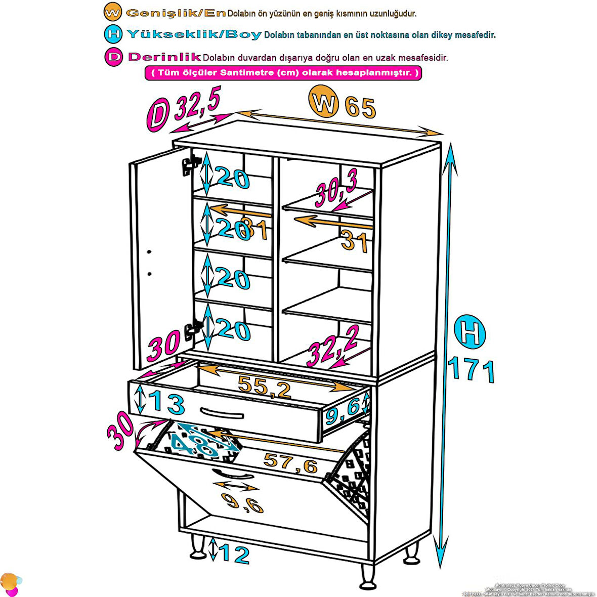 Kayra 1 Çekmece, 1 Göz Sepet, Tek Kapak, 8 Raf Dar Alan Banyo Dolabı 65x173x32,5 cm