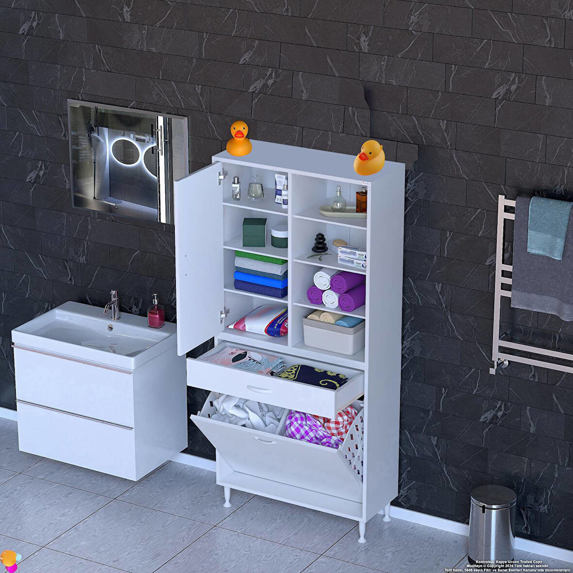 Kayra 1 Çekmece, 2 Göz Sepet, Tek Kapak, 8 Raf Dar Alan Banyo Dolabı 80x173x32,5 cm