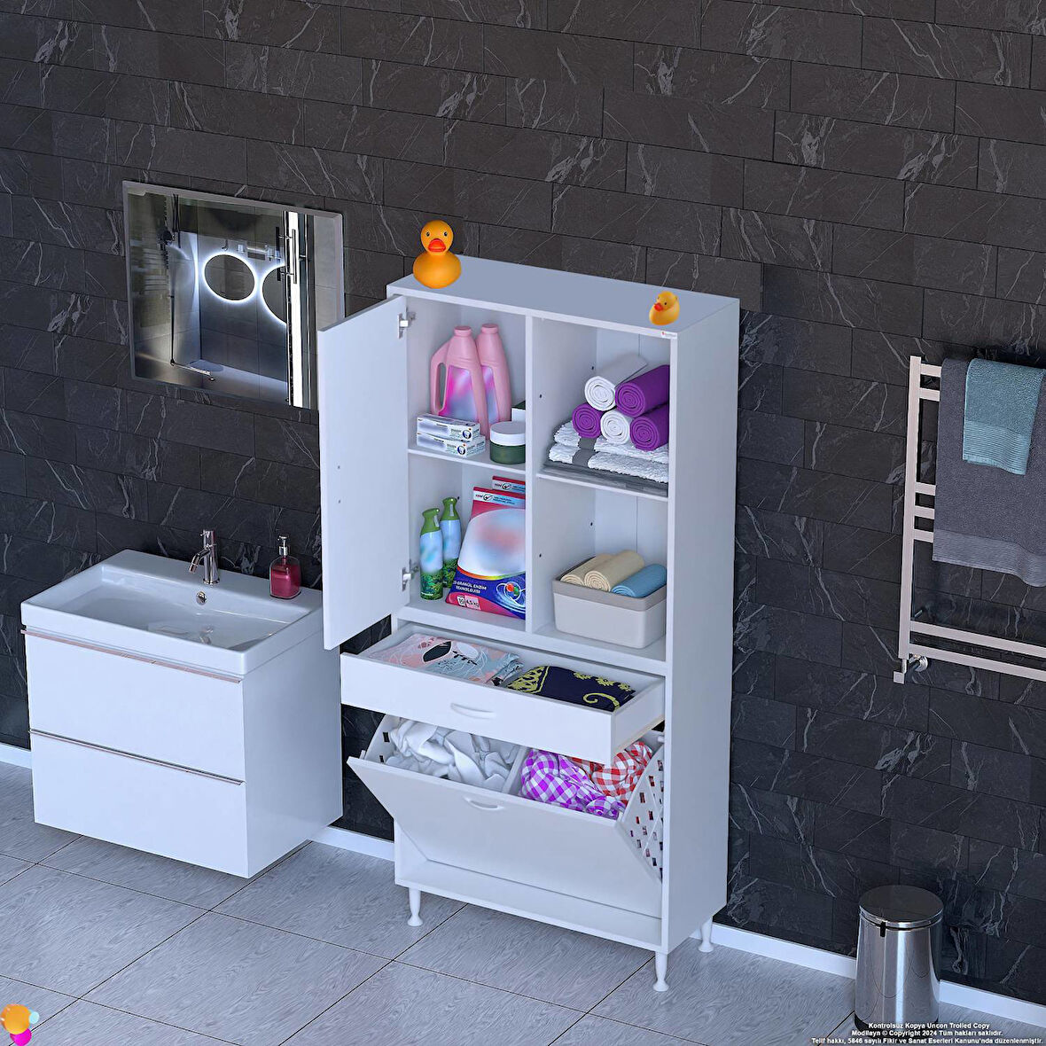 Kayra Banyo Dolabı Tek Çekmece, 2 Göz Sepet, 1 Kapak, 4 Raf Dar Alan Banyo Dolabı 85x173x32,5 cm