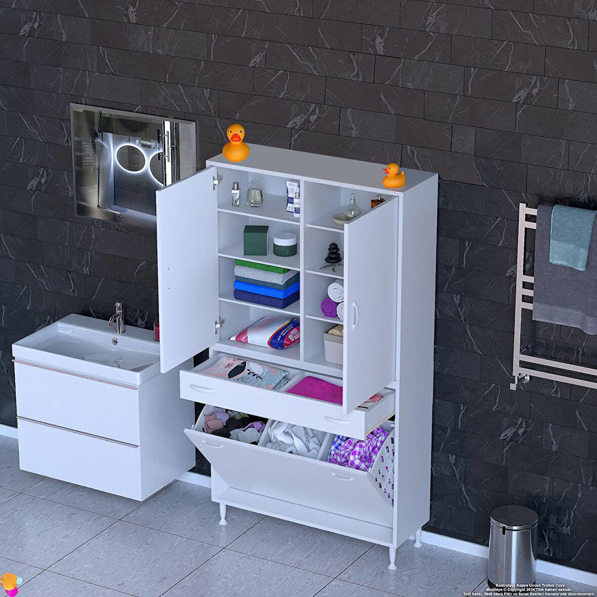 YENİ Kayra Tek Çekmece, 3 Göz Sepet, 2 Kapak, 8 Raf Dar Alan Banyo Dolabı 90x173x32,5 cm