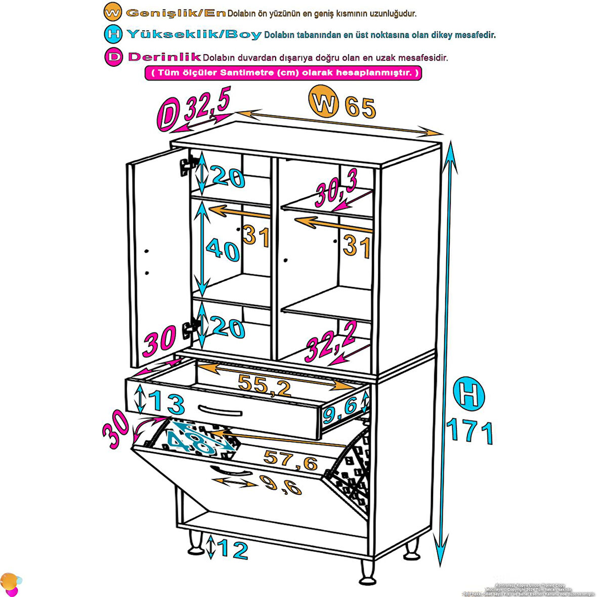 Kayra Tek Çekmece, 1 Göz Sepet, 1 Kapak, 6 Raf Dar Alan Banyo Dolabı 65x173x32,5 cm