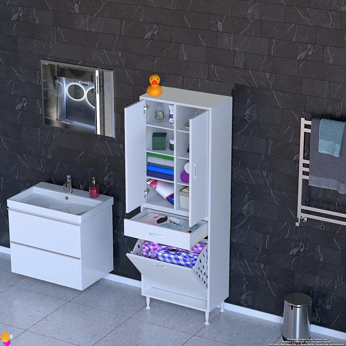 YENİ Kayra Tek Çekmece, 1 Göz Sepet, 2 Kapak, 8 Raf Dar Alan Banyo Dolabı 60x173x32,5 cm