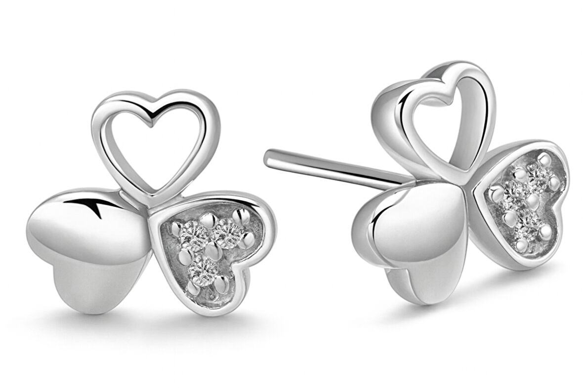 Gümüş Kaplama 3 Taşlı 3 Kalpli Küpe